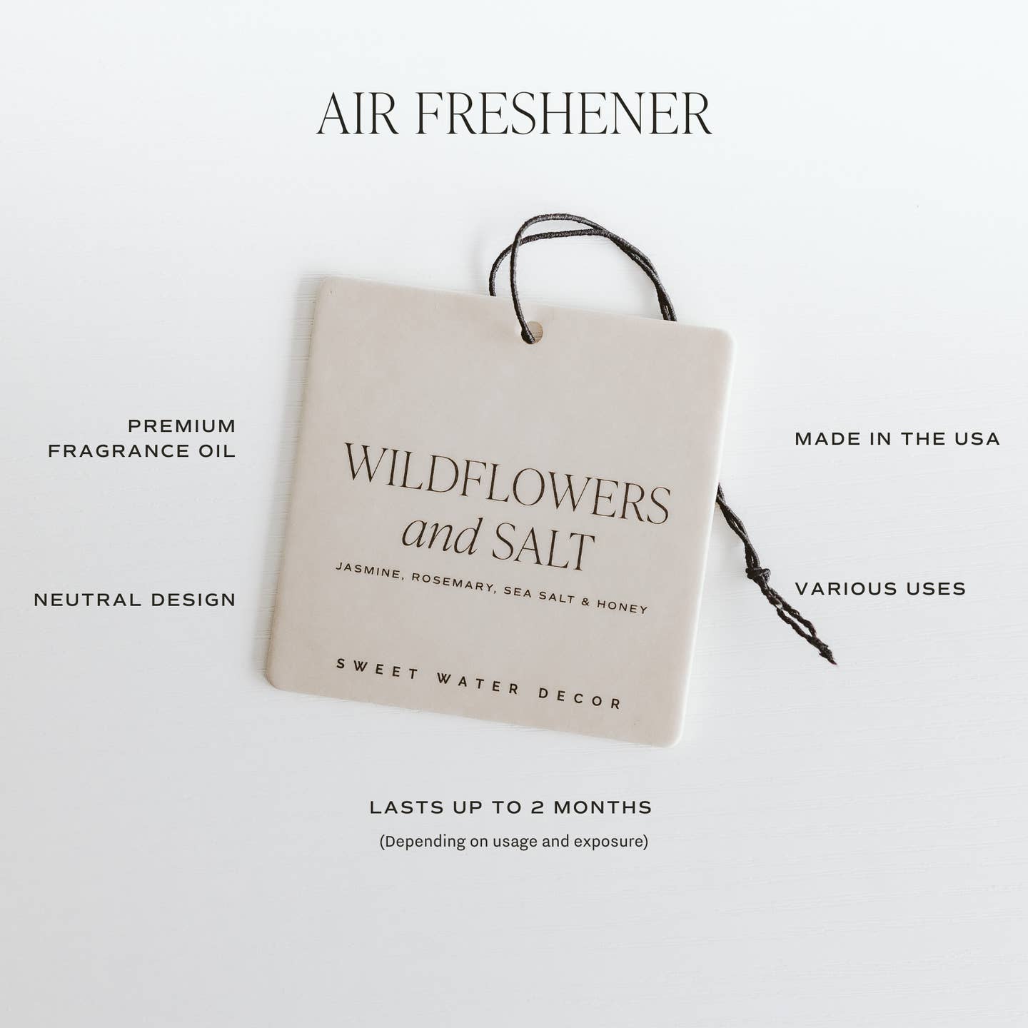 Air freshener tag with 'Wildflowers and Salt' fragrance description on a white background