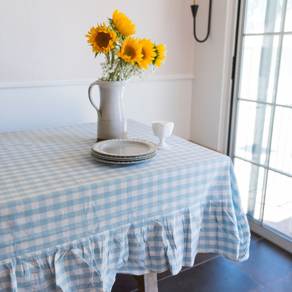 Blue Ruffled Gingham Tablecloth
