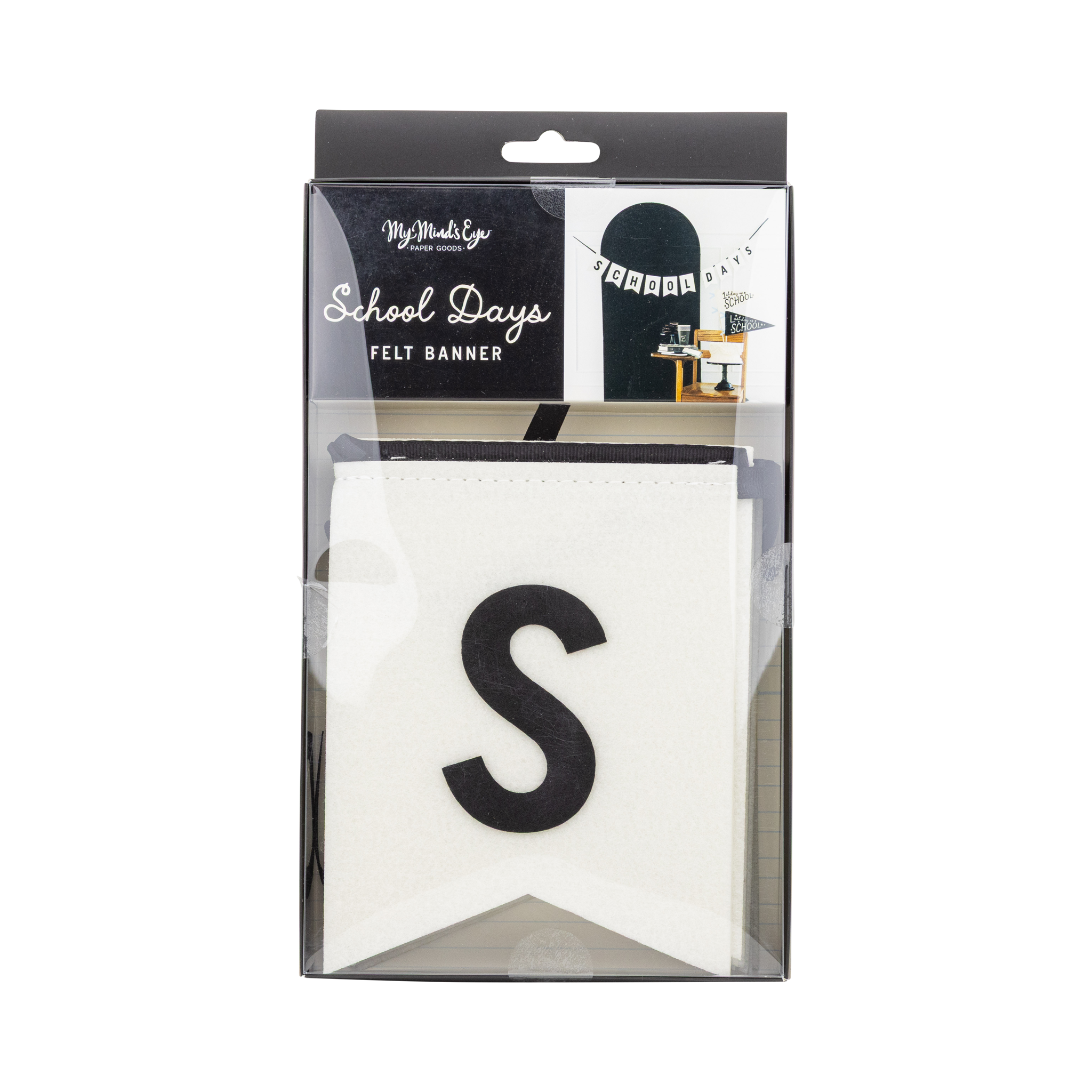 Packaged felt banner with letter 'S' on a white background