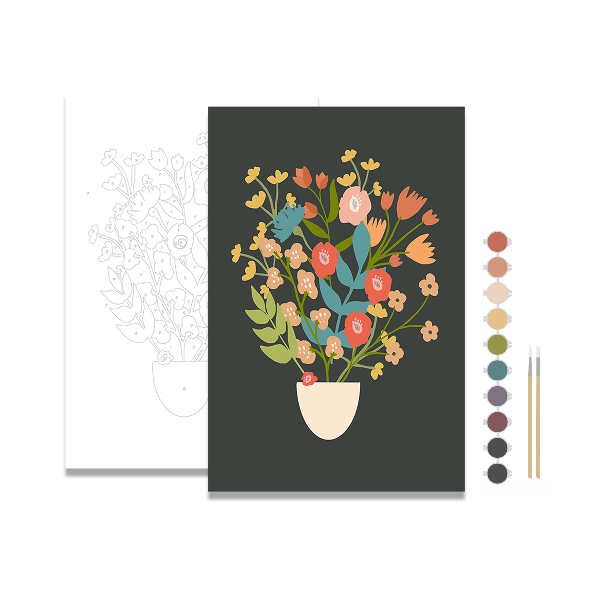 Greeting card with floral design and color swatches on a white background