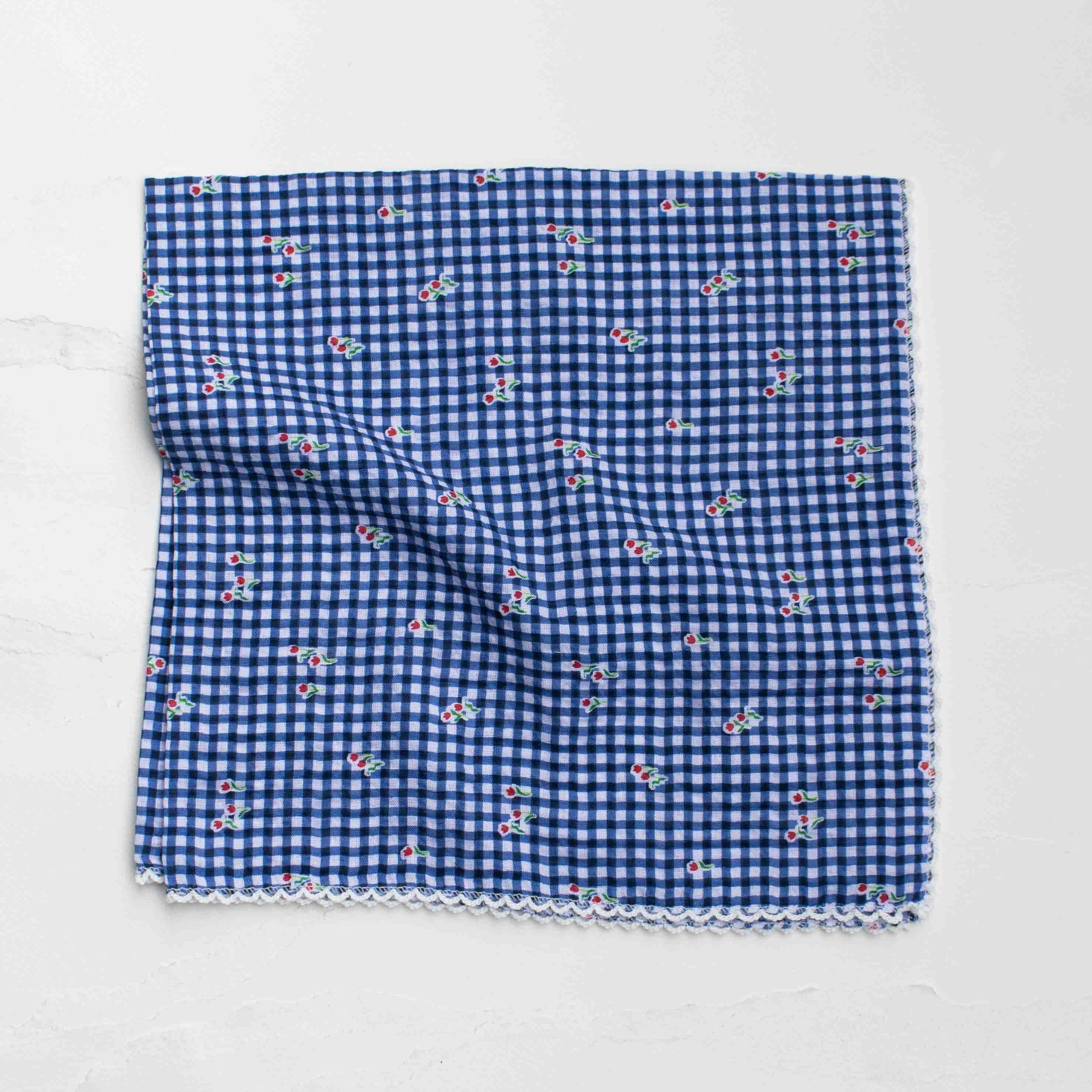 Gingham Floral Cotton Blend Scarf - blue