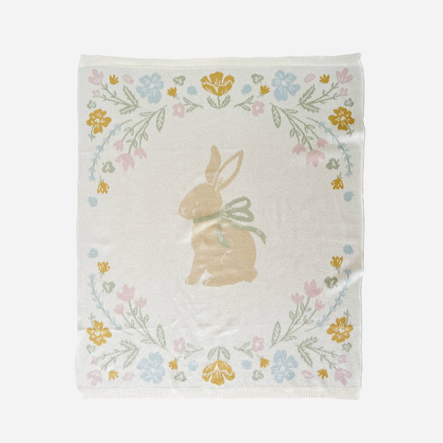 This organic cotton floral blanket centers around a sweet bunny with a bow. Snuggle in it. Decorate with it. Get the matching bunny lovey, baby rattles, or greeting card to complete the gift set.