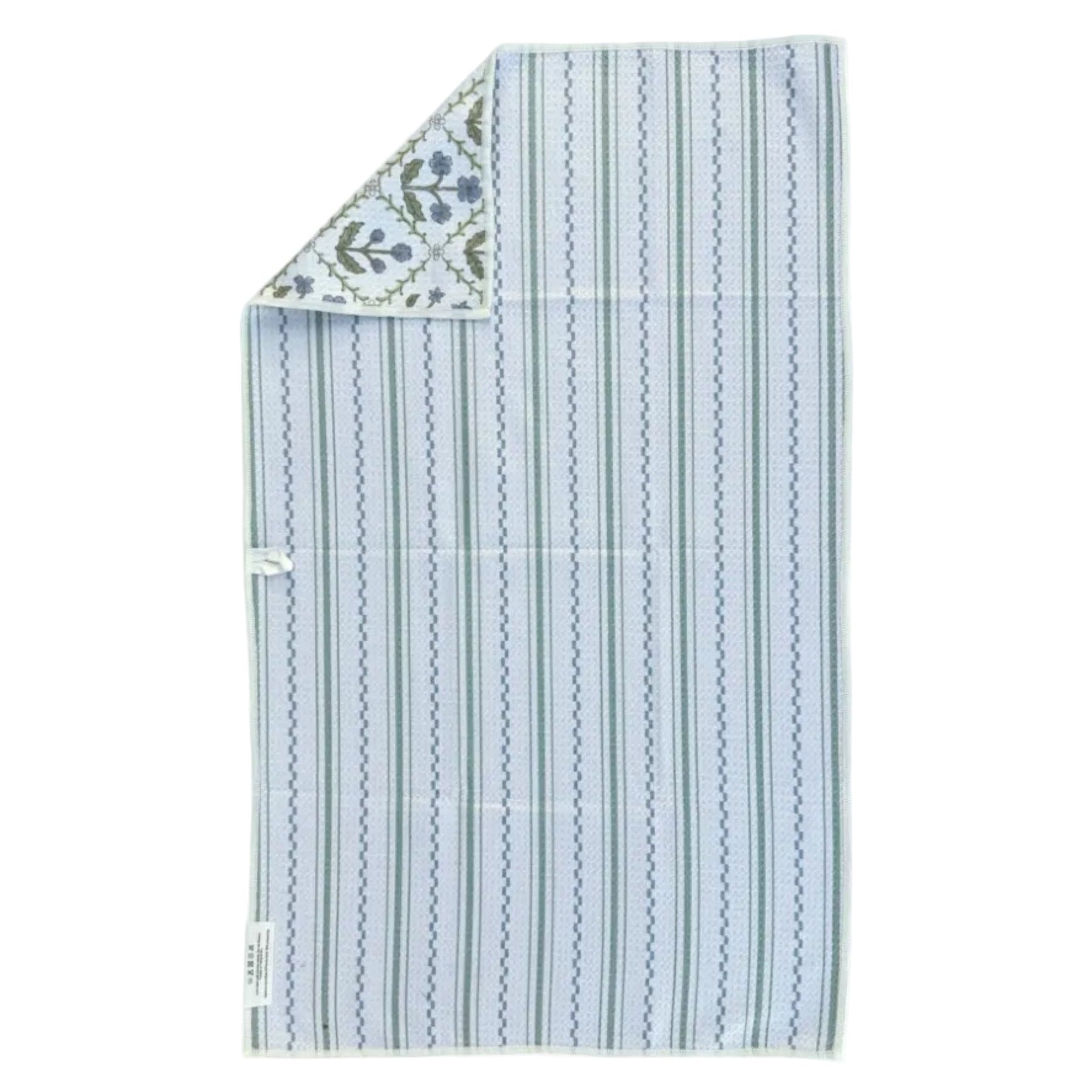 Striped tea towel with floral corner on a white background