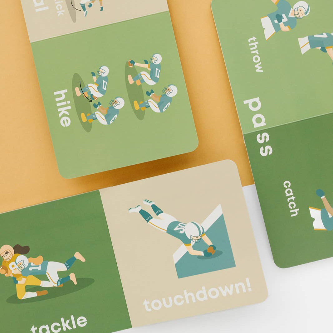 Educational cards with illustrations of football actions on a beige and green background