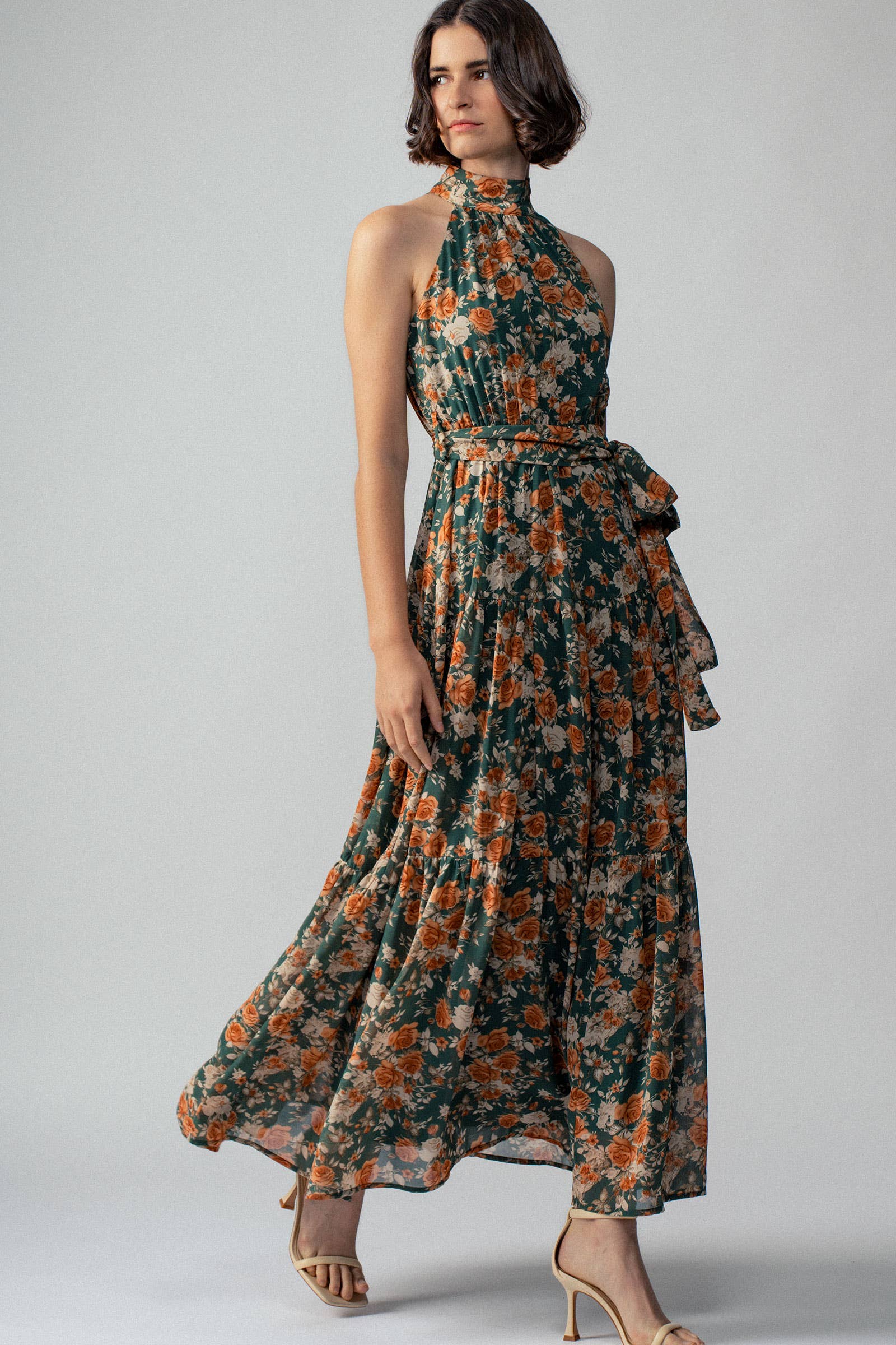 Halter Neck Floral Tiered Maxi Dress