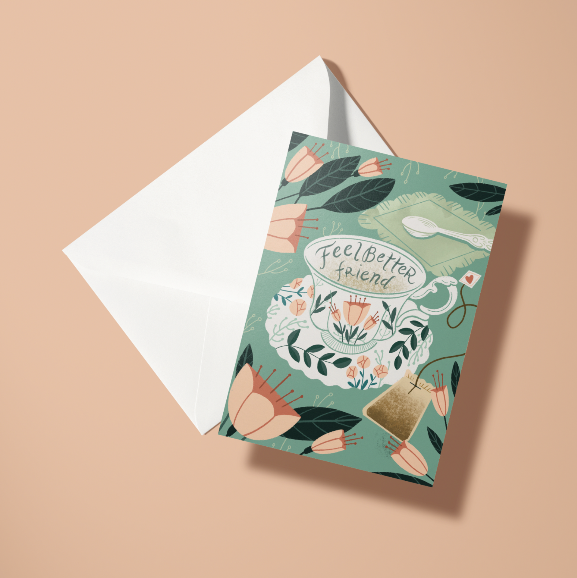 Greeting card with 'Feel Better Friend' text and tea-themed design on a beige background