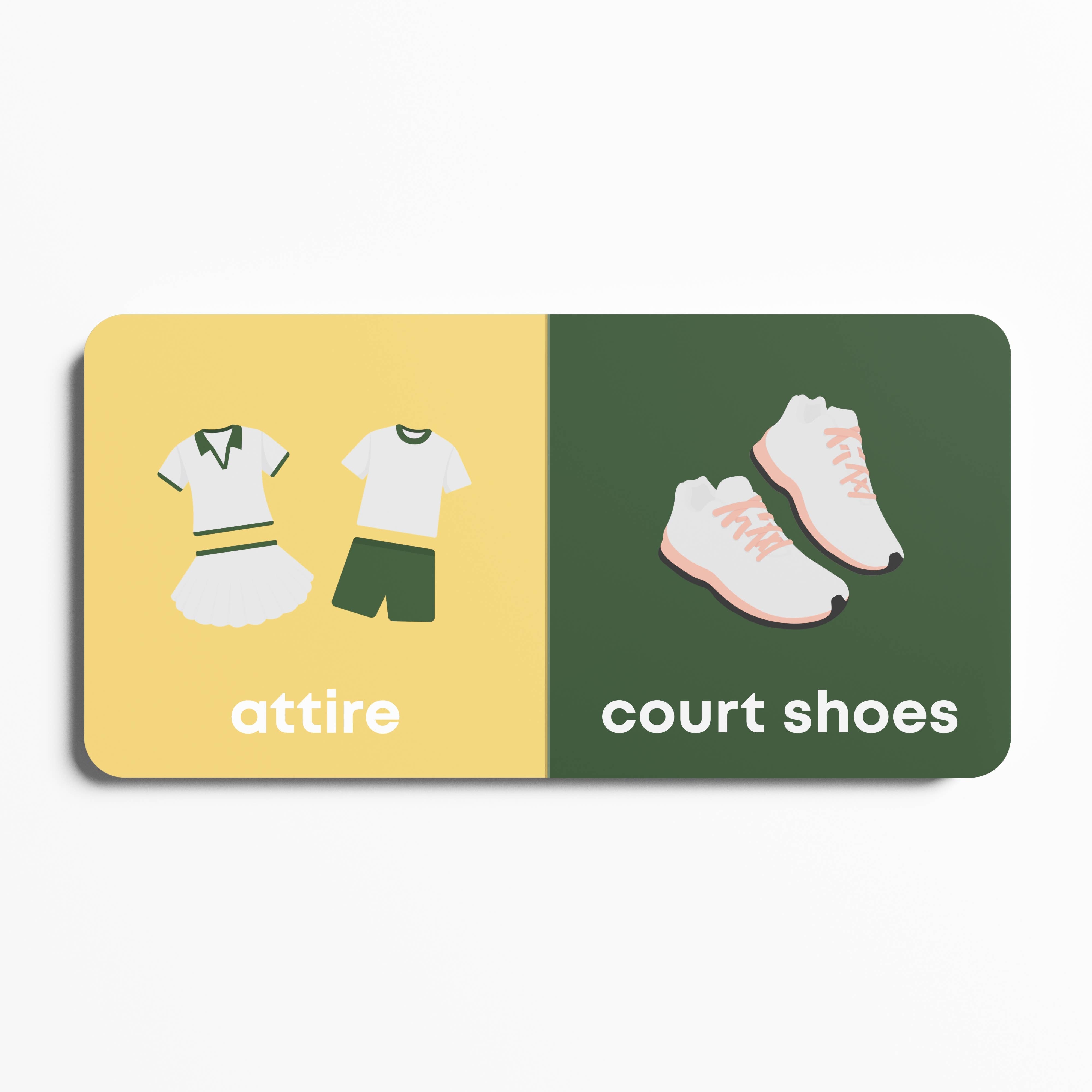 Split card with 'attire' on a yellow side and 'court shoes' on a green side.