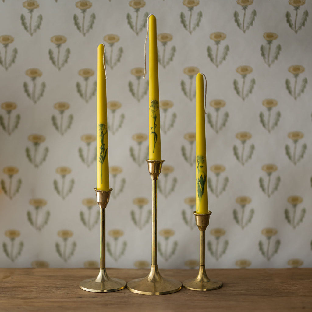 Floral Inlaid Tapered Candles in Yellow- Set of 3