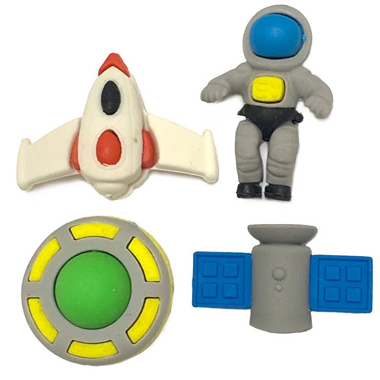Outer space puzzle erasers     Includes  rocket, astronaut, ufo, and satellite     Dimensions  3.5″ x 0.8″ x 5.8″