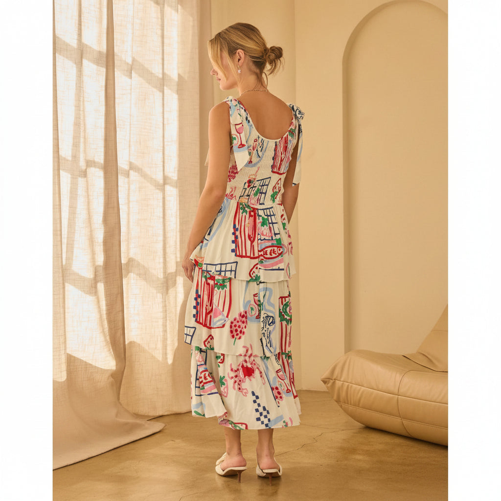 Sleeveless Printed Tiered Midi Dress with Shoulder Tie