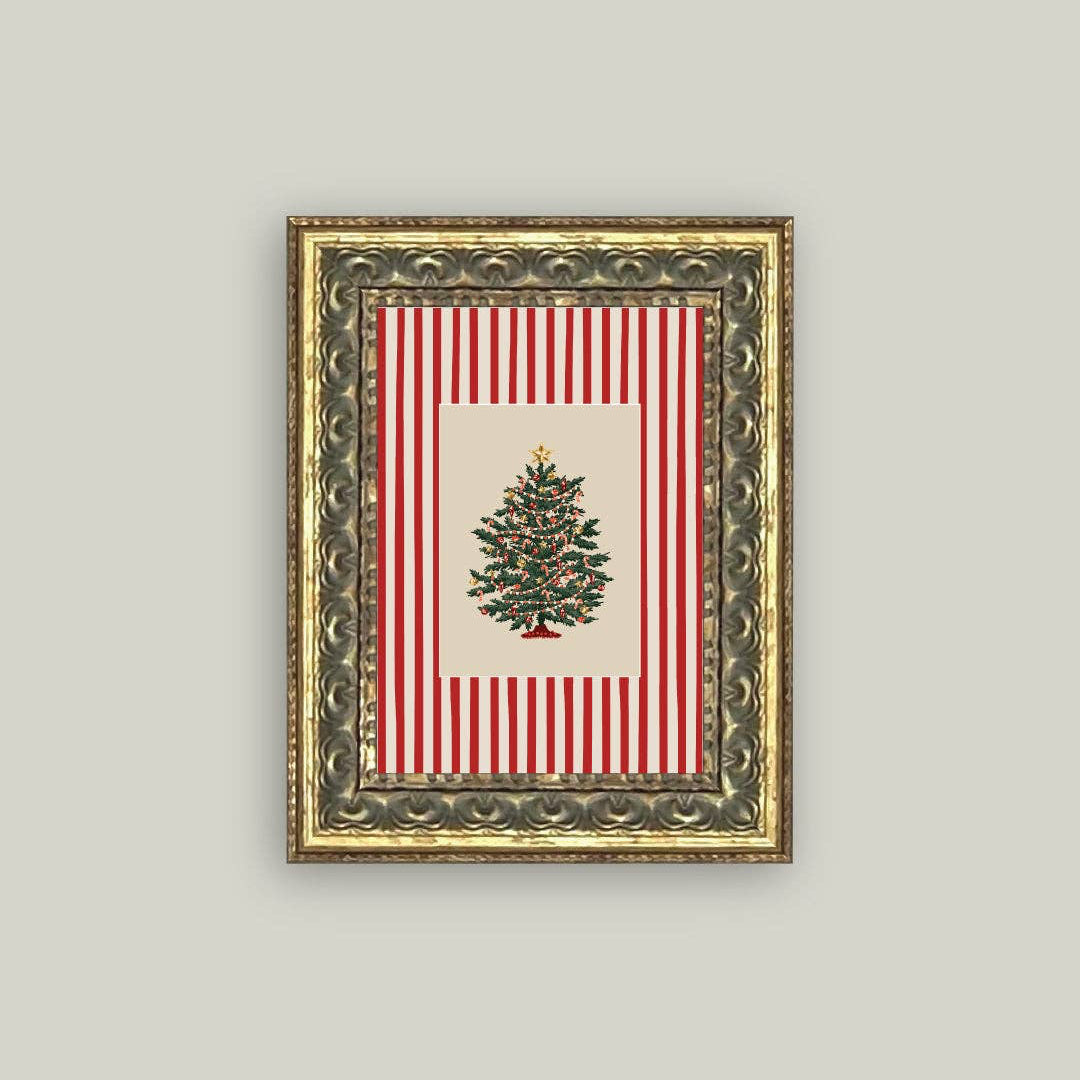 Peppermint Stripe Tree Framed Antique Art - 2 Sizes
