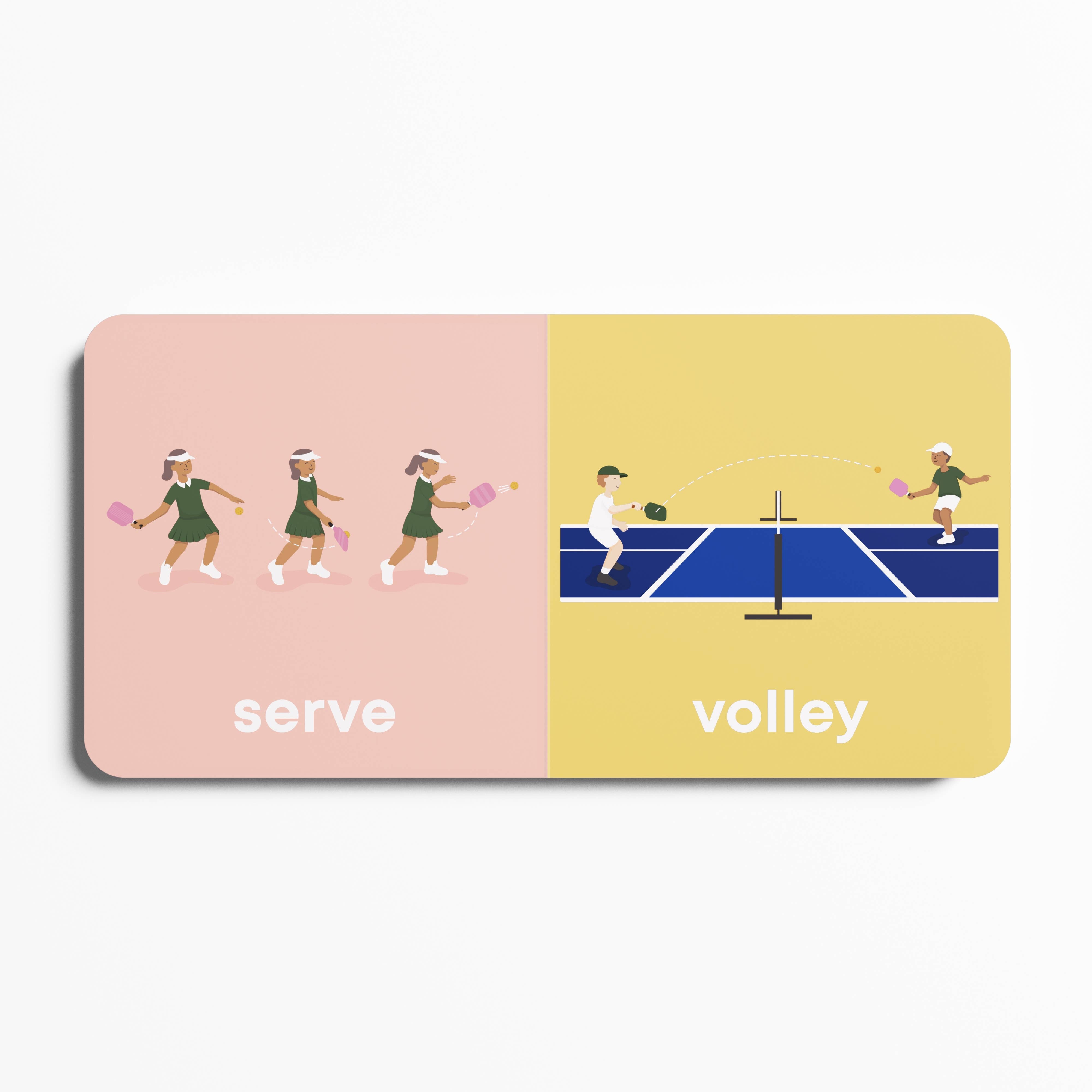 Illustration of a pickle ball game on a split pink and yellow background with 'serve' and 'volley' text.
