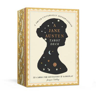 Featuring 53 characters (including Elizabeth Bennet, Mr. Darcy, Elinor Dashwood, and more) and objects (such as well-trimmed bonnets and a stack of novels) from Austen's books, each card doubles as a playing card and tarot card. With Mr. Wickham from Pride and Prejudice as the Devil, a teapot representing strength, and Austen herself as the Magician, it's perfect for both longtime and new Austen fans.
Oversized, sleek, & sophisticated, this deck comes in a hinged cigar box decorated with foil stamping