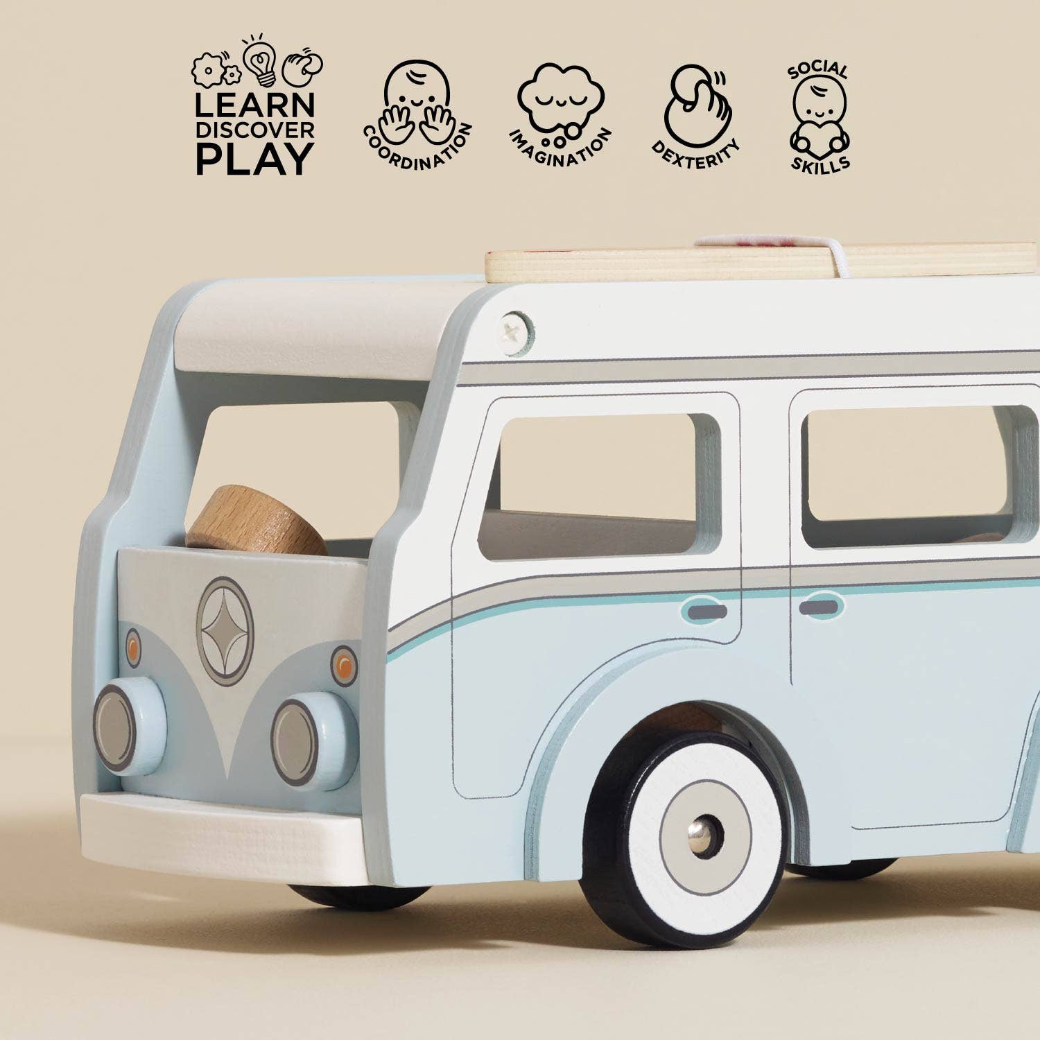 Toy van with educational icons and text on a beige background