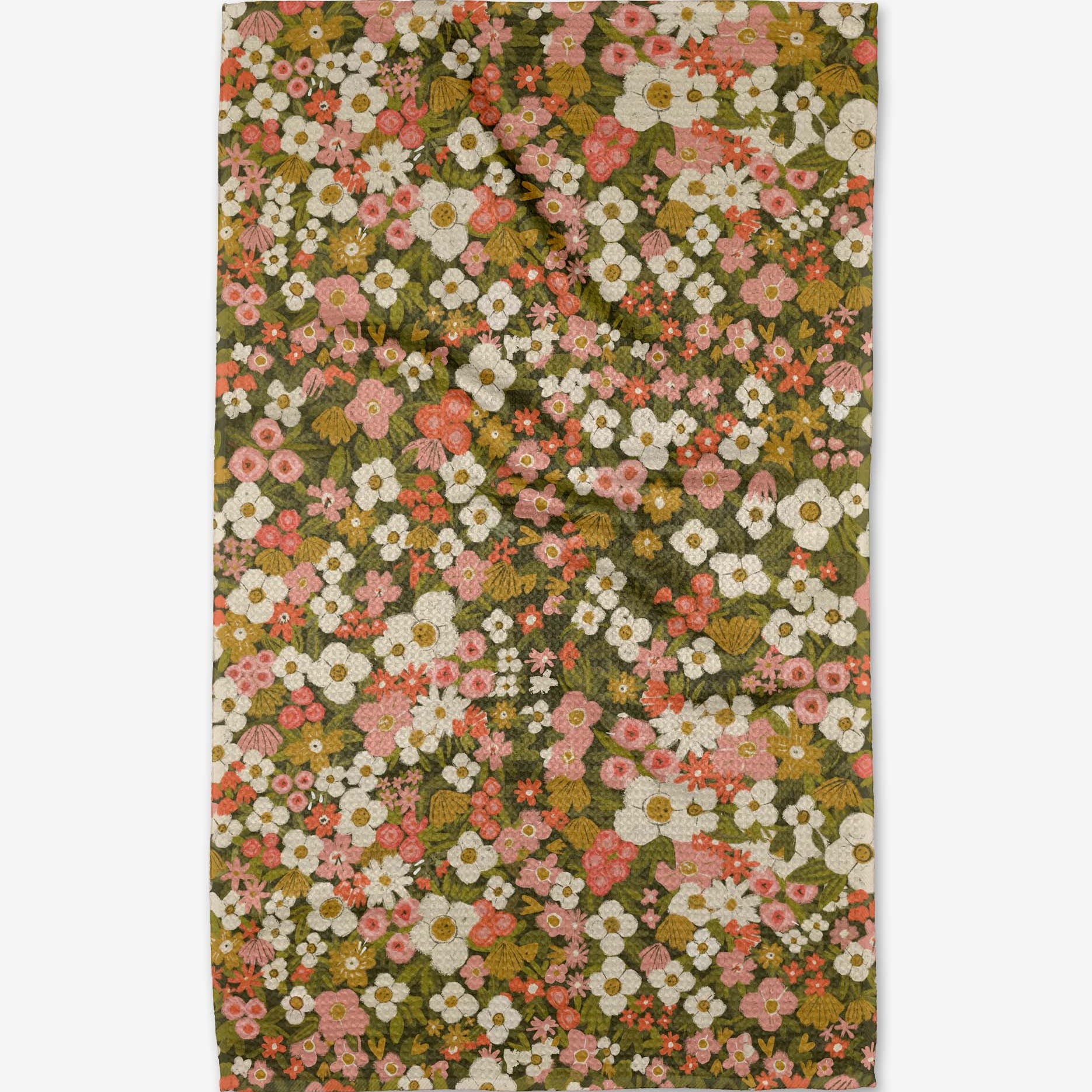 Floral patterned tea towel with green background.