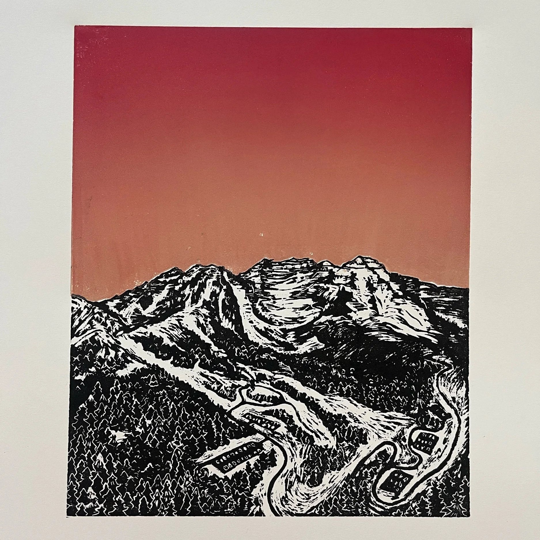 a black and white relief linocut of the sundance canyon with a pink/red/orange gradient sky