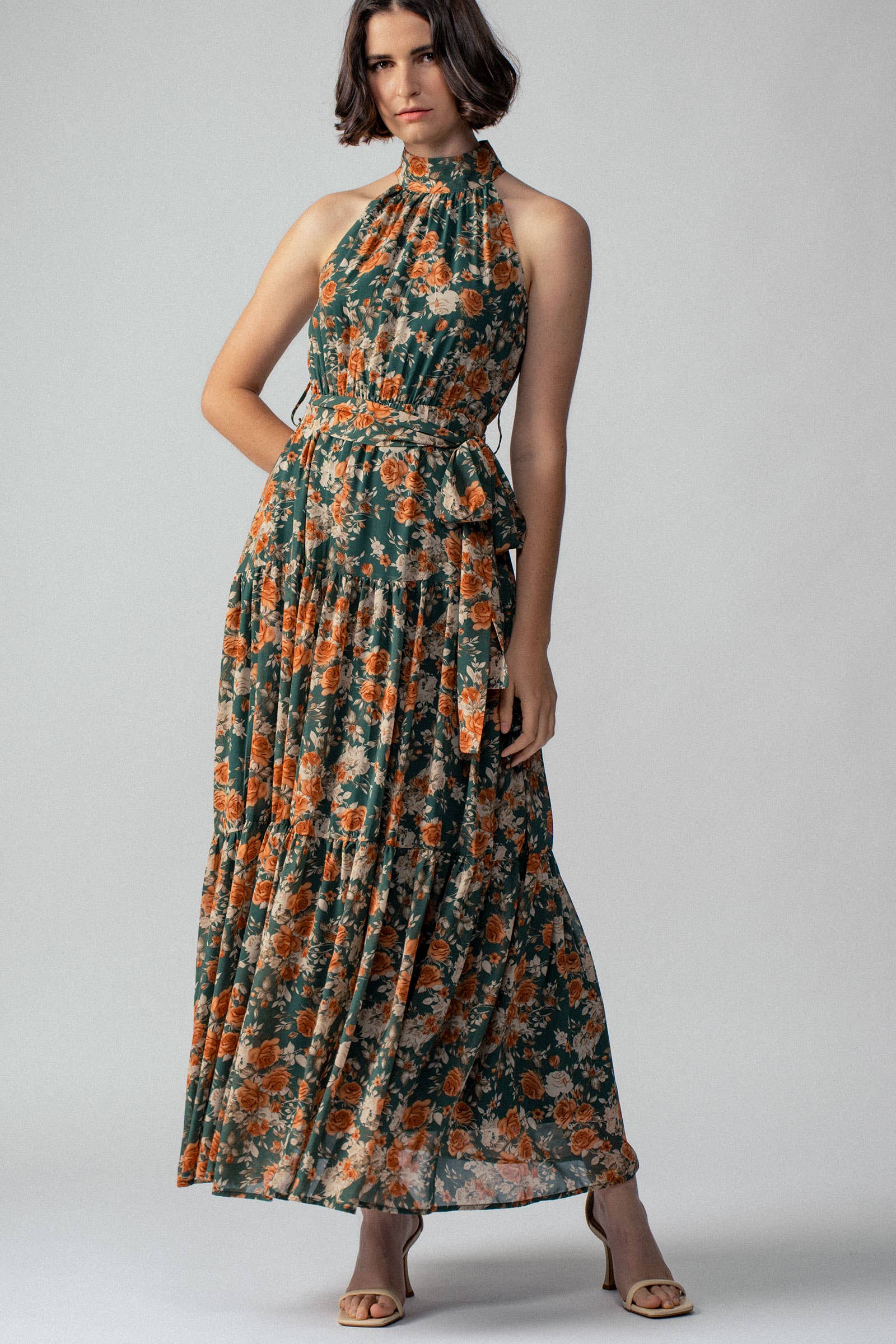 Halter Neck Floral Tiered Maxi Dress