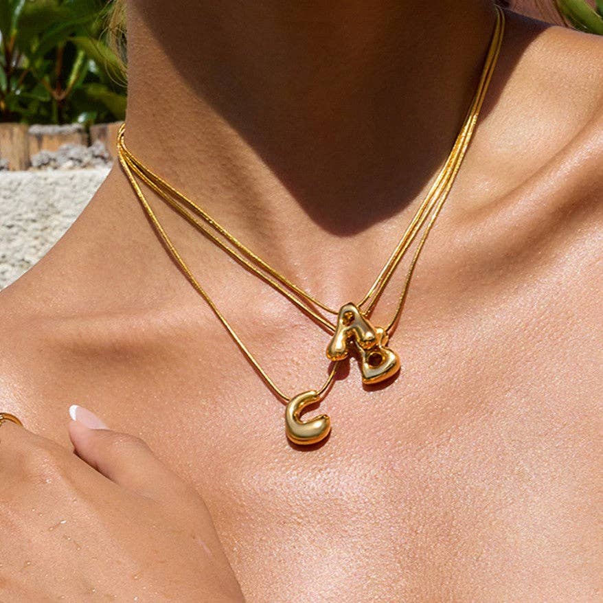 Gold Bubble Letter Initial Necklace - A Through Z