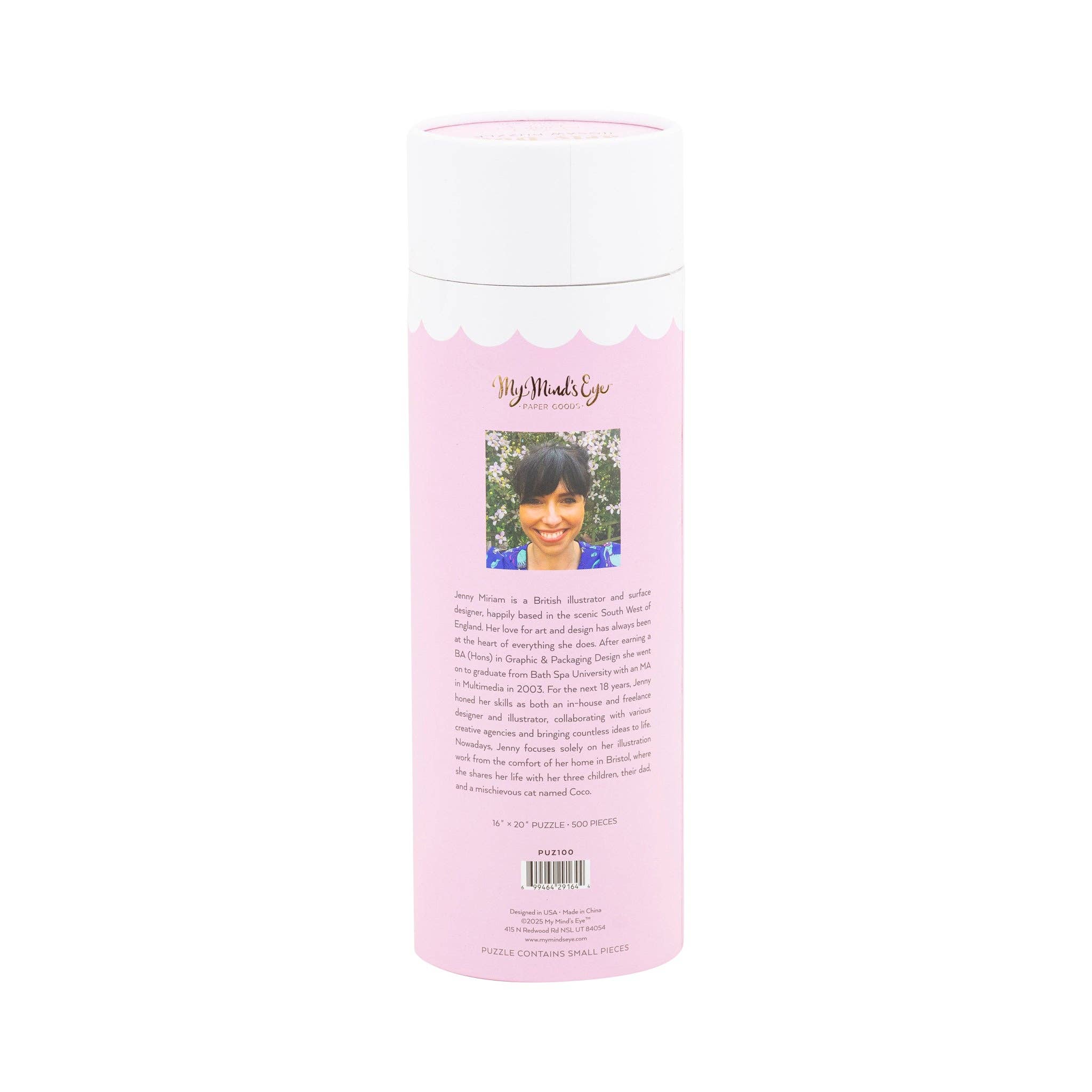 Pink cylindrical container with a photo of a woman on a white background