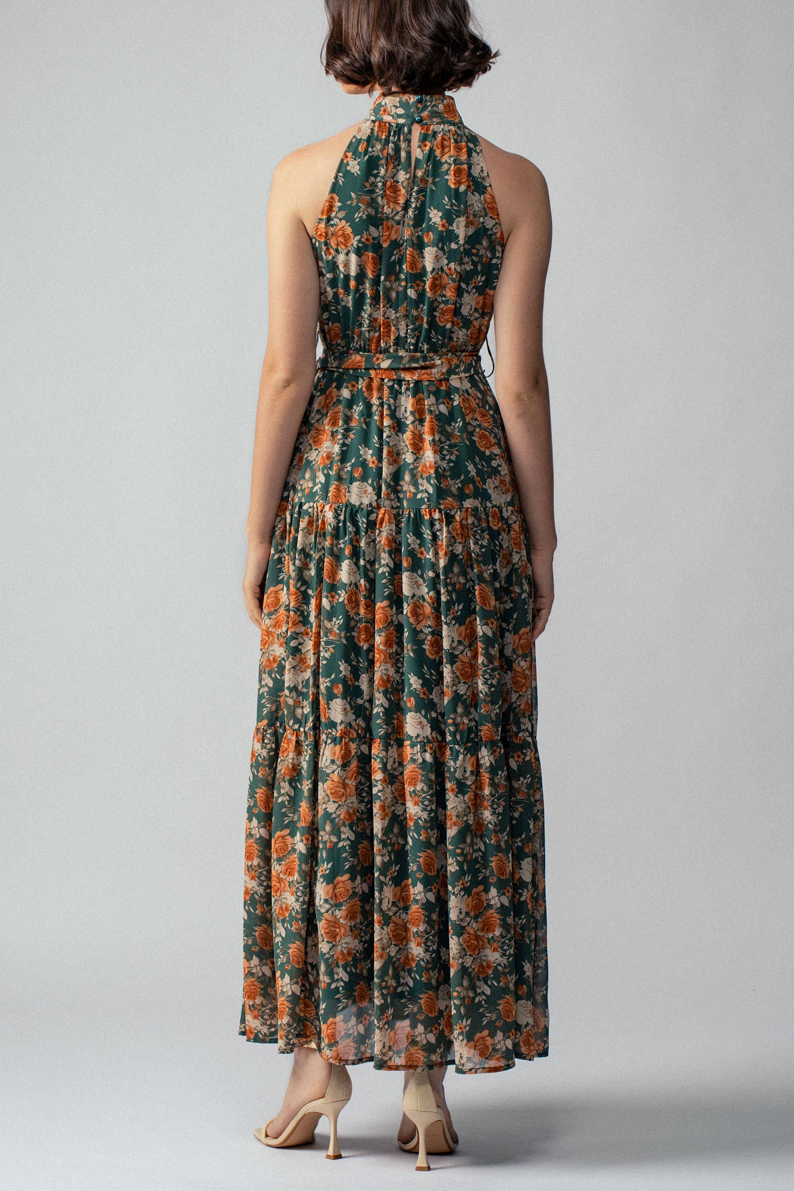 Halter Neck Floral Tiered Maxi Dress