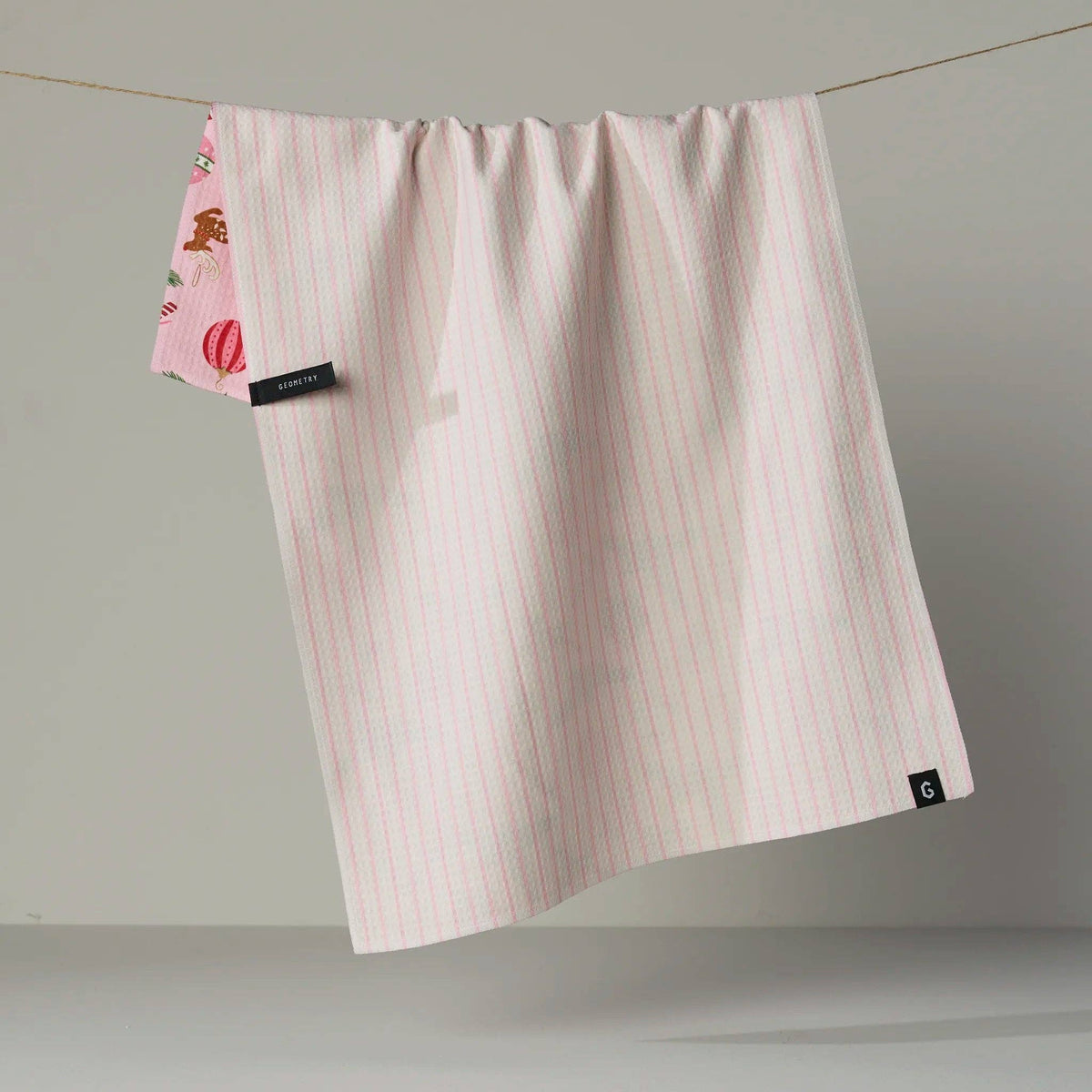 Pink Tidings Luxe Kitchen Towel - pink & white striped side