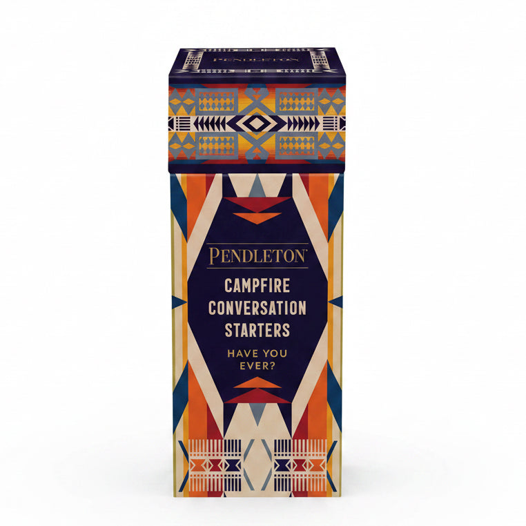 Spark some fireside fun uncovering new and surprising details about family and friends with all-ages-friendly “have you ever” conversation starters.
This boxed Pendleton set is an exciting addition to the iconic brand’s popular game line! Bring this beautiful box along on your next camping adventure! Inside are 100 double-sided sticks with 200 family-friendly prompts to learn interesting tidbits about your fellow campers. Pick a stick and let the conversation flow.