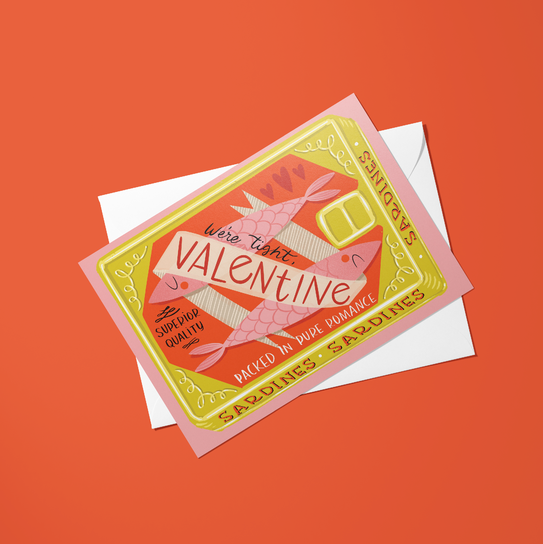 Valentine's Day card with sardine packaging design on an orange background
