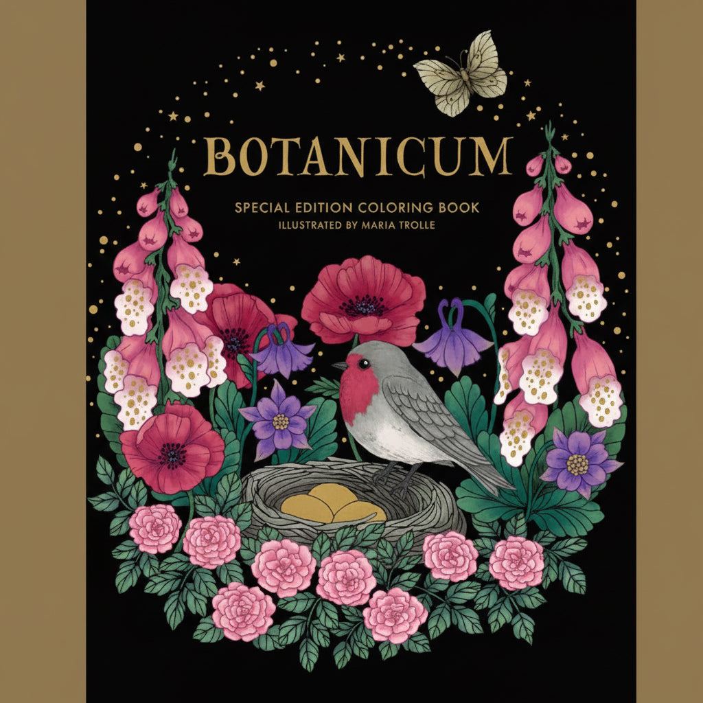 Embark on a floral adventure in this garden of botanicals and beyond: Venture into a meadow filled with spring flowers, a cool summer lake, an autumn harvest, and winters first snow. Meet the birds, people, and animals who live together in this fairytale land in harmony with nature.
Calm your mind as you color the seasons’ most beautiful plants. In this book you will also find a register of plants, birds, and butterflies found in the book. Features two new illustrations for each season, for eight new pages