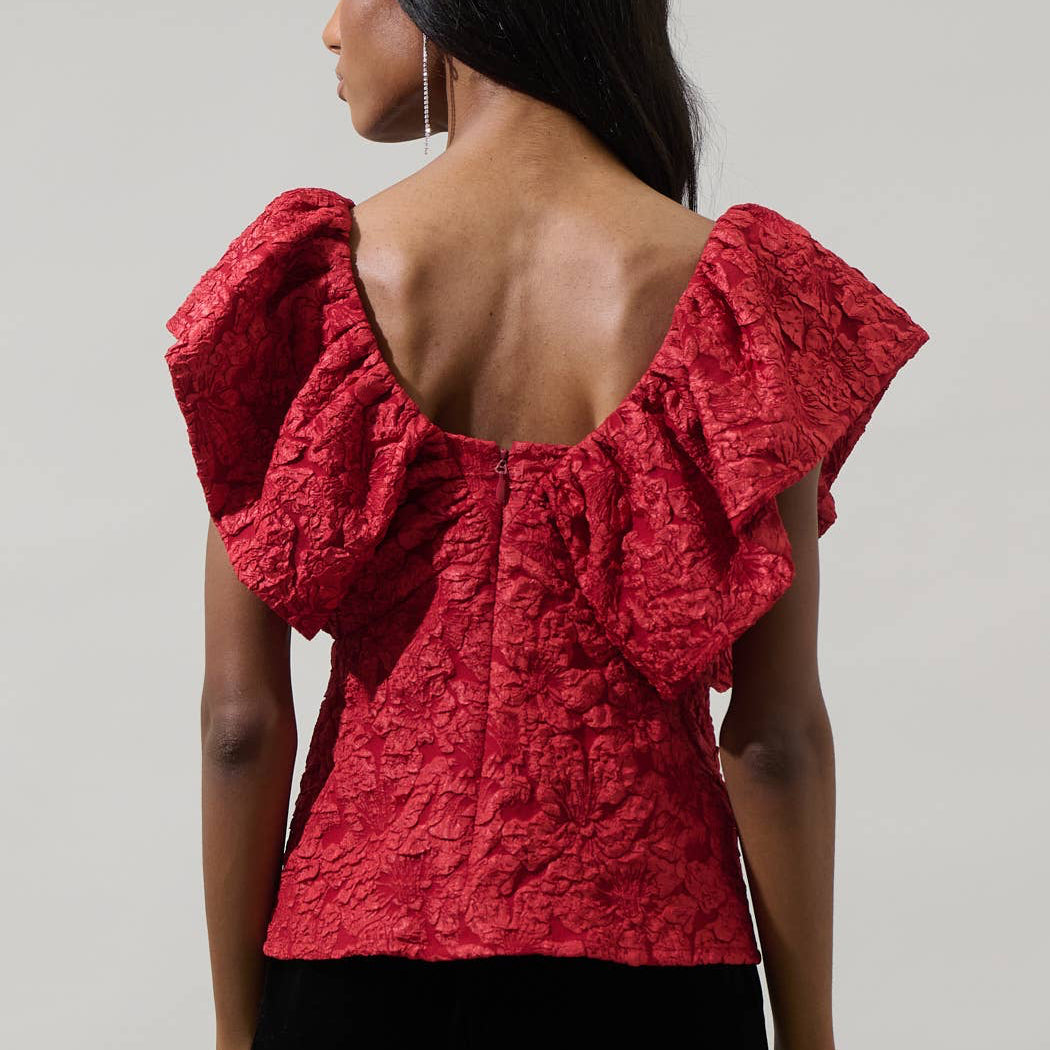 The Maryn Jacquard Luci Babydoll Top combines comfort and style with its soft jacquard fabric and flattering babydoll fit. Its ruffled short sleeves and delicate black velvet tie create a gentle, feminine look that feels as good as it looks. Designed to support your confidence, this blouse is a versatile addition that works effortlessly for any occasion.