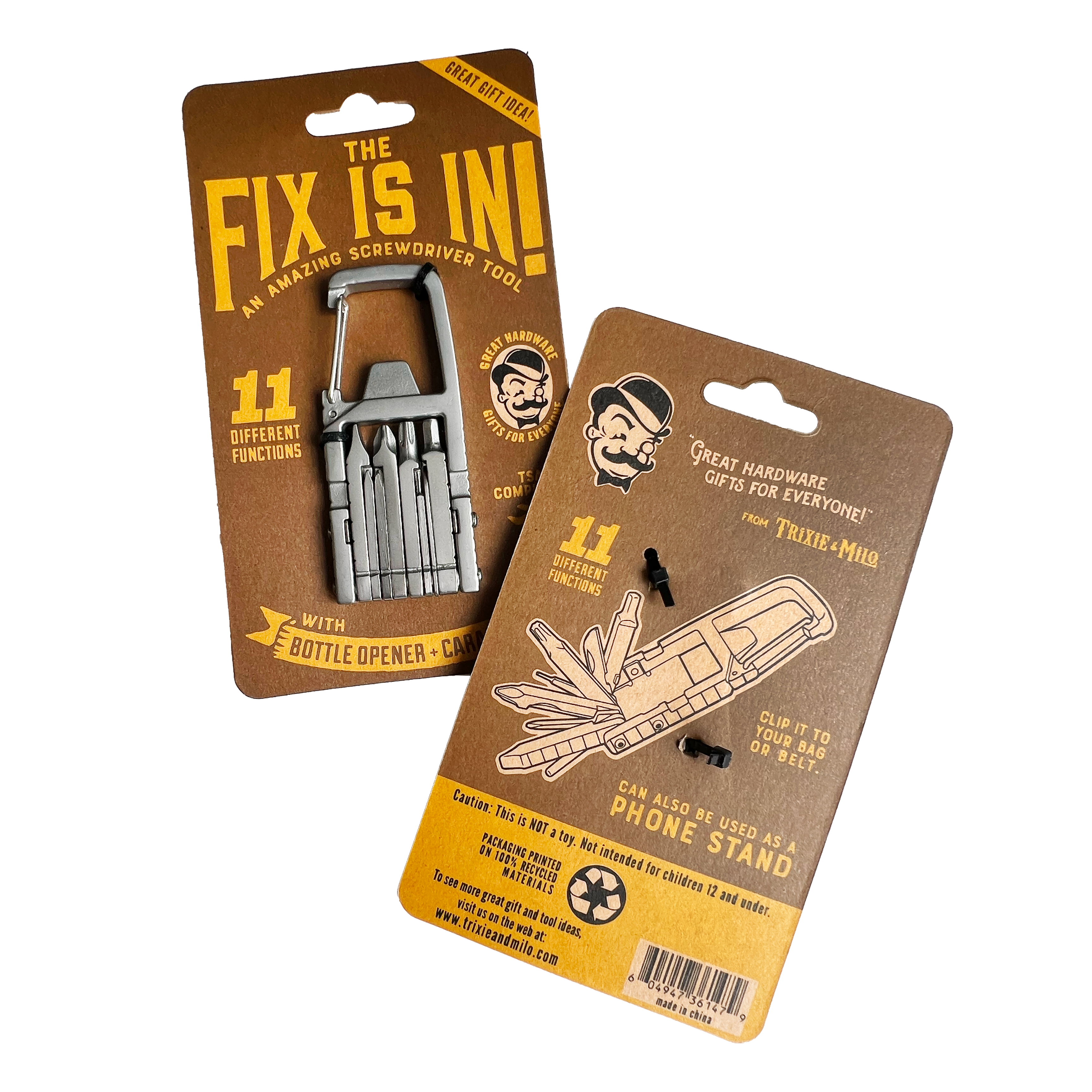 Two packages of a multi-tool with various functions on a white background