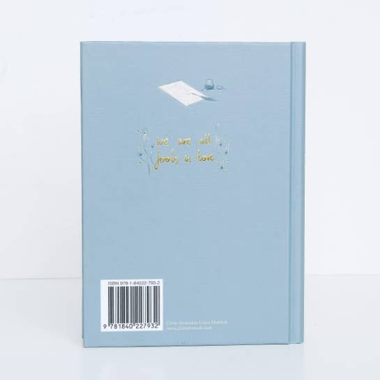 Light blue notebook with text and a barcode on a white background