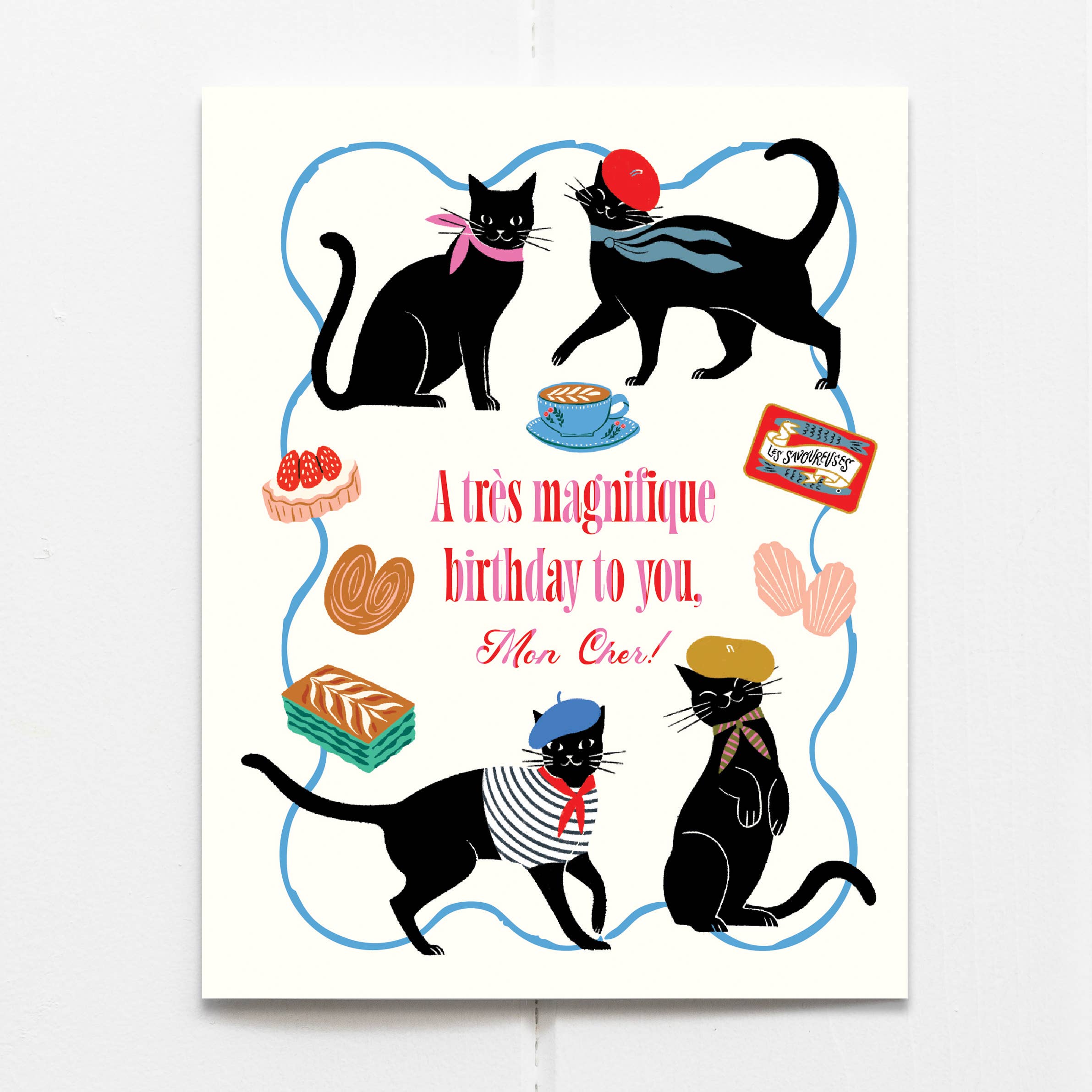 Birthday card with black cats and colorful text on a white background