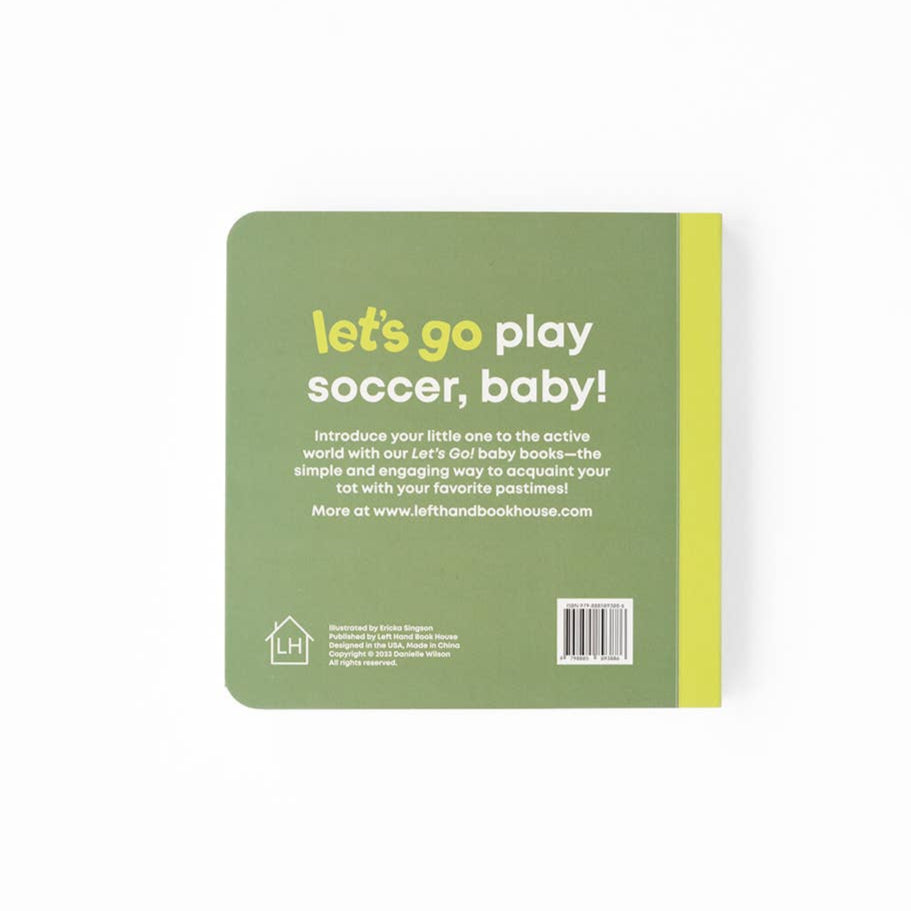 Book cover with text 'let's go play soccer, baby!' on a green background