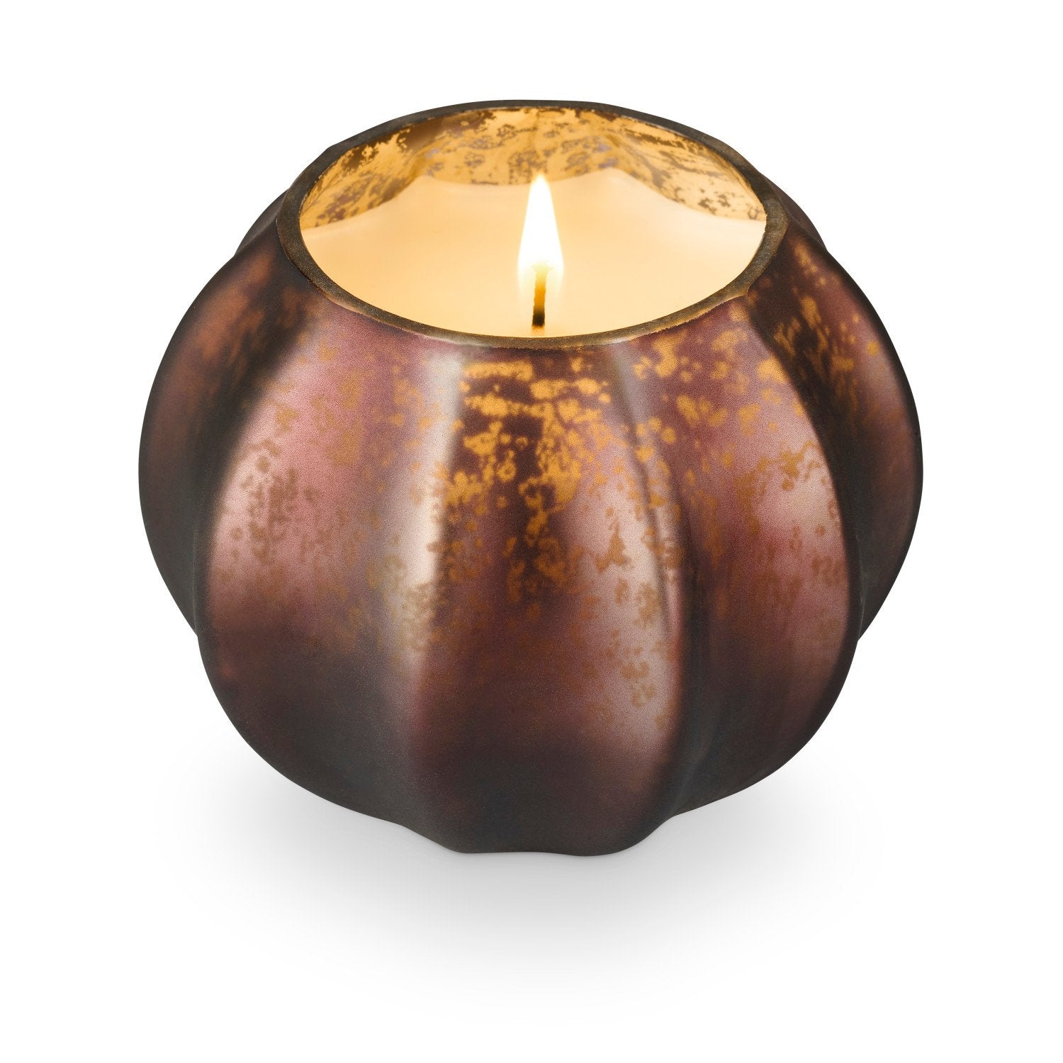 Decorative candle holder with a lit candle on a white background