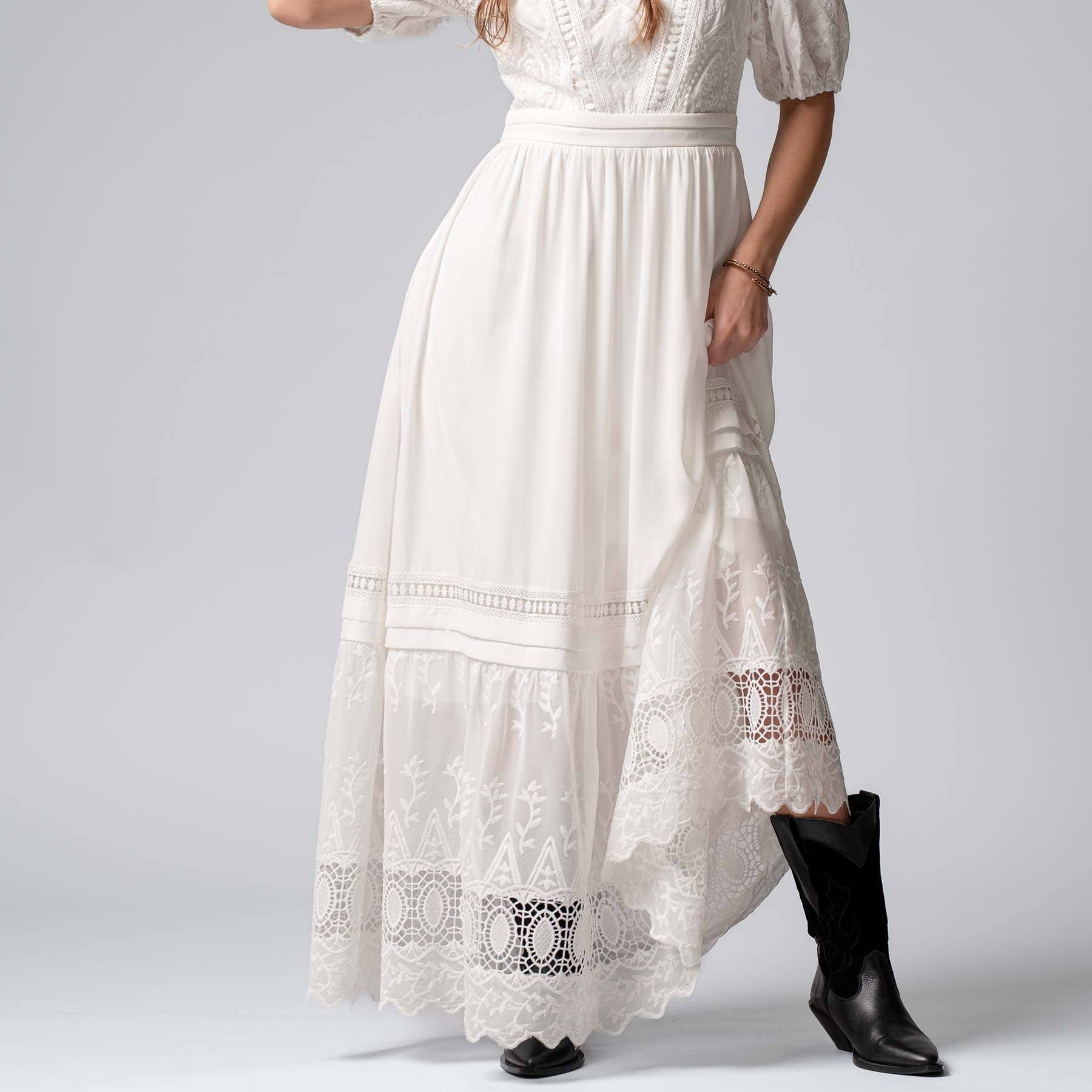 Victorian Lace Puff Sleeve White Maxi Dress