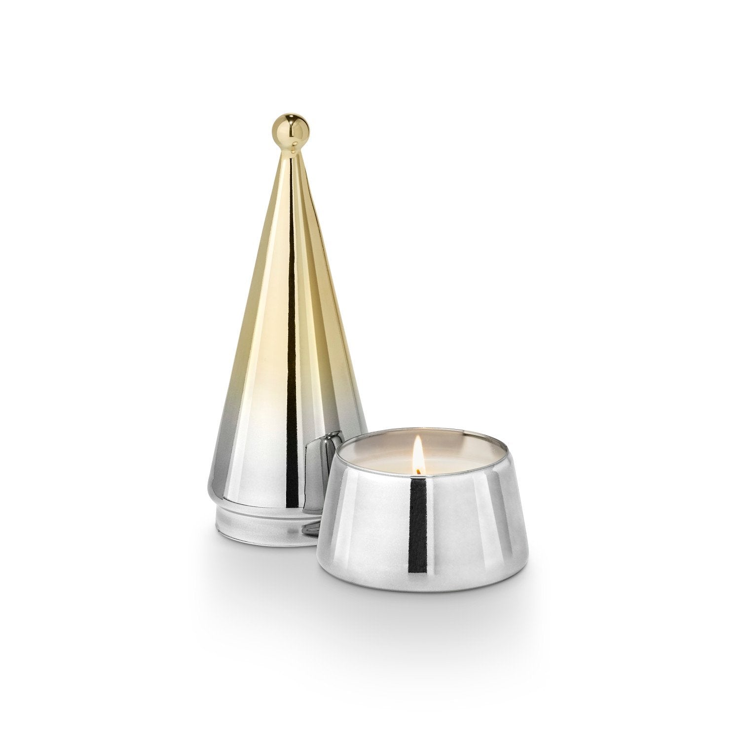 Two metallic candle holders, one gold and one silver, on a white background.