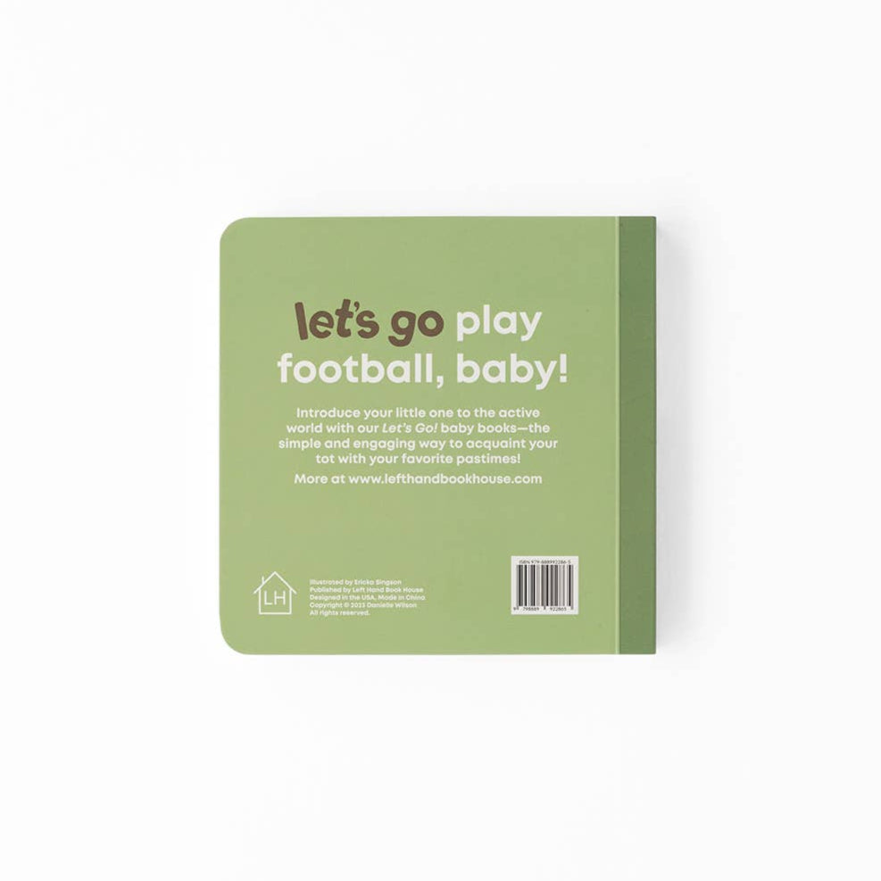Green book with text 'let's go play football, baby!' on a white background