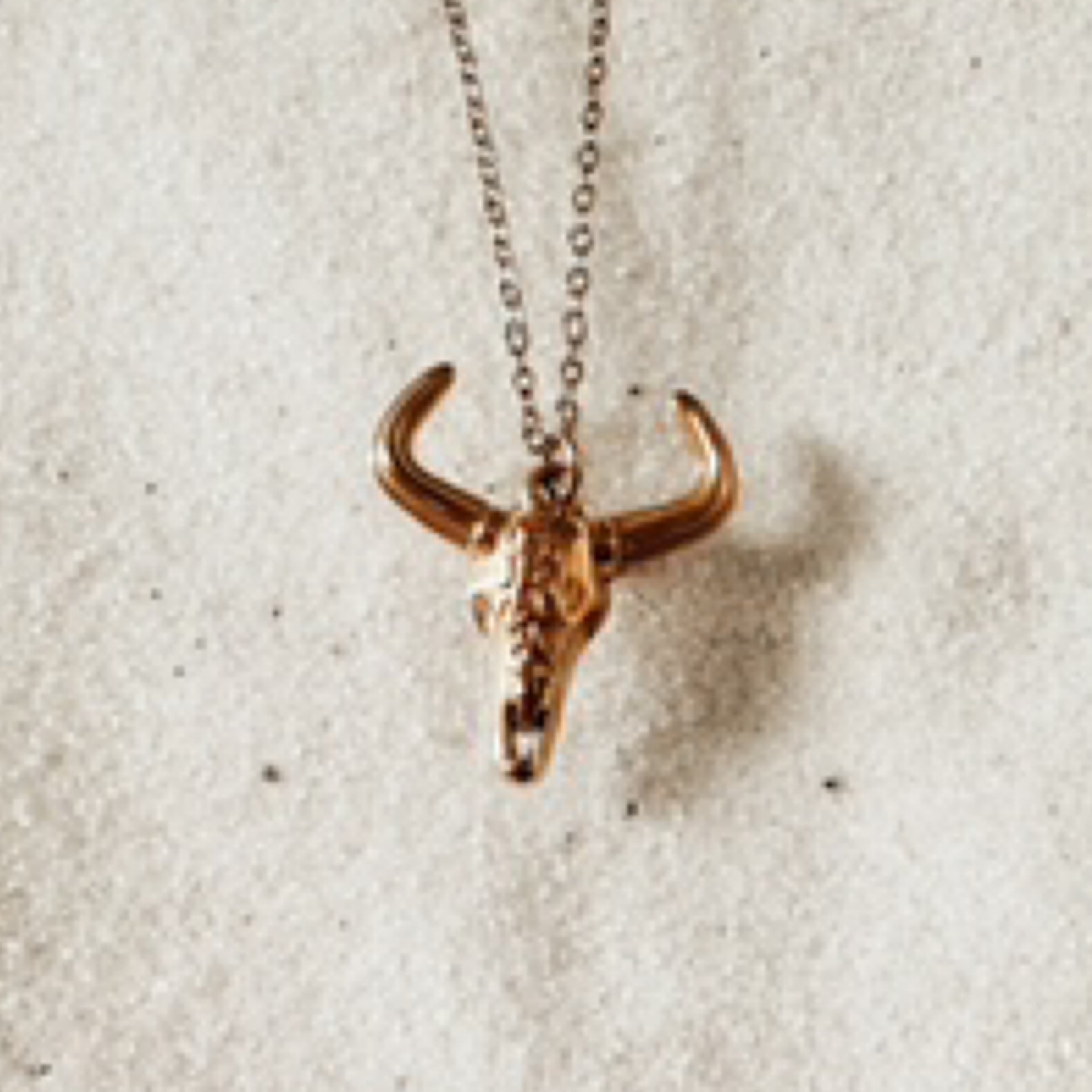 Delicate gold chain with a 3D gold cattle skull charm. Pictured against white sand.