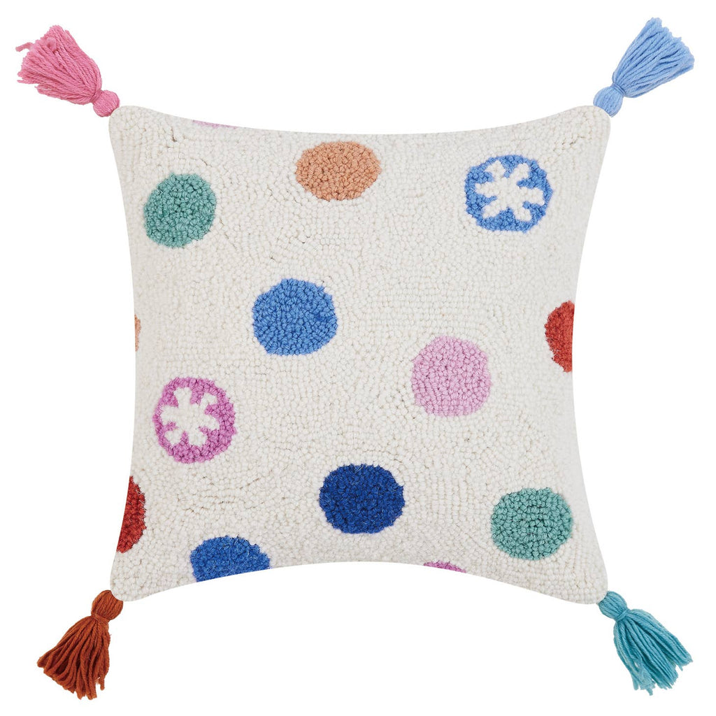 Dress up any room with this dotty delight! This Dots W/Tassels Hook Pillow adds personality and pizzazz with its playful dot pattern and tassel accents. Who knew dots could be so stylish? (Seriously, though - this pillow is seriously cute!)     Description  100% wool hooked rectangular accent pillow   100% cotton velvet backing  Includes polyester insert, zipper closure   Size  14x14 inches