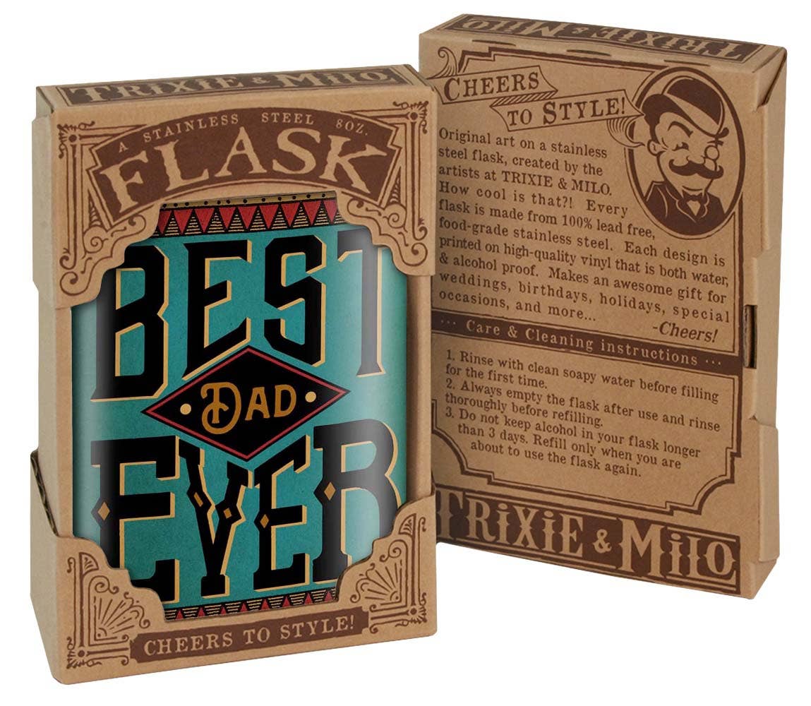 Flask packaging with 'Best Dad Ever' text and Trixie & Milo branding.