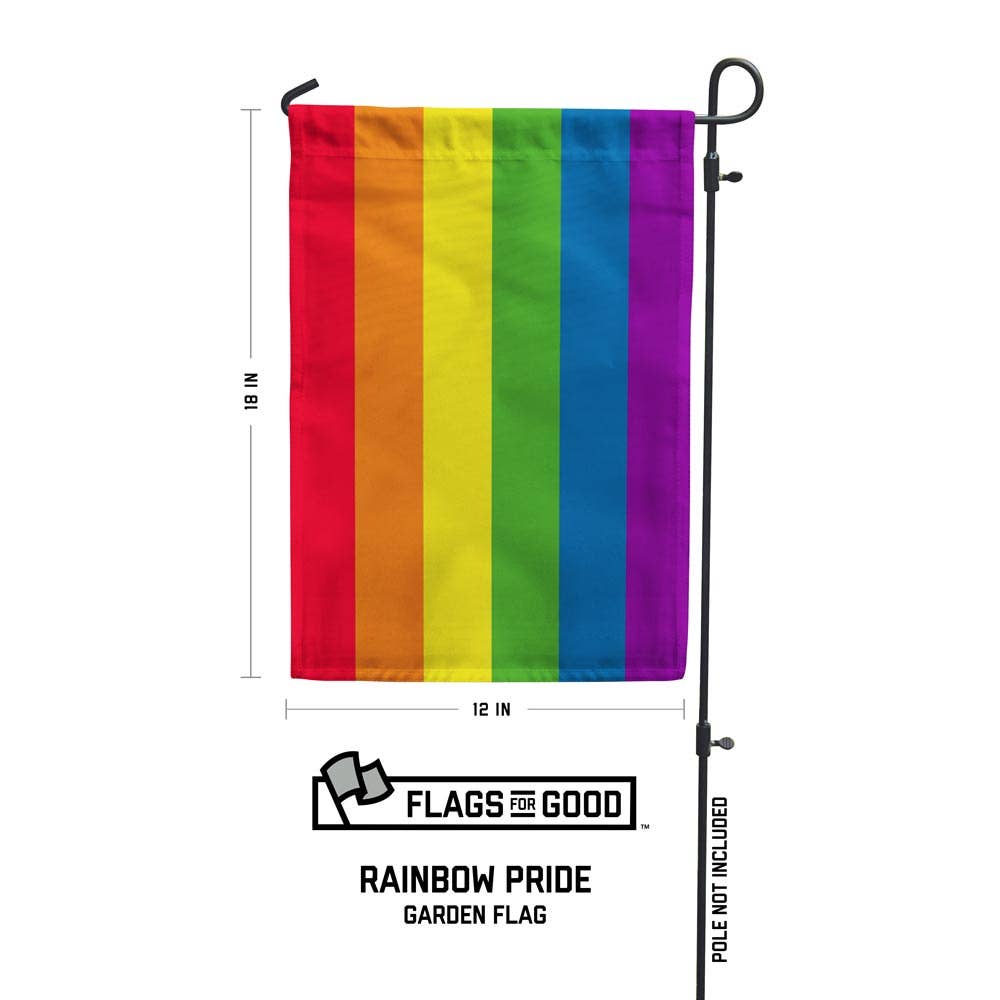 Garden flag with the traditional six stripe pride flag design popularized by artist Gilbert Baker in 1978. These garden flags are a thick double-sided construction and double-stitched all around. They have a pole pocket along the top to fit any standard garden flag stake (not included). 18" x 12"