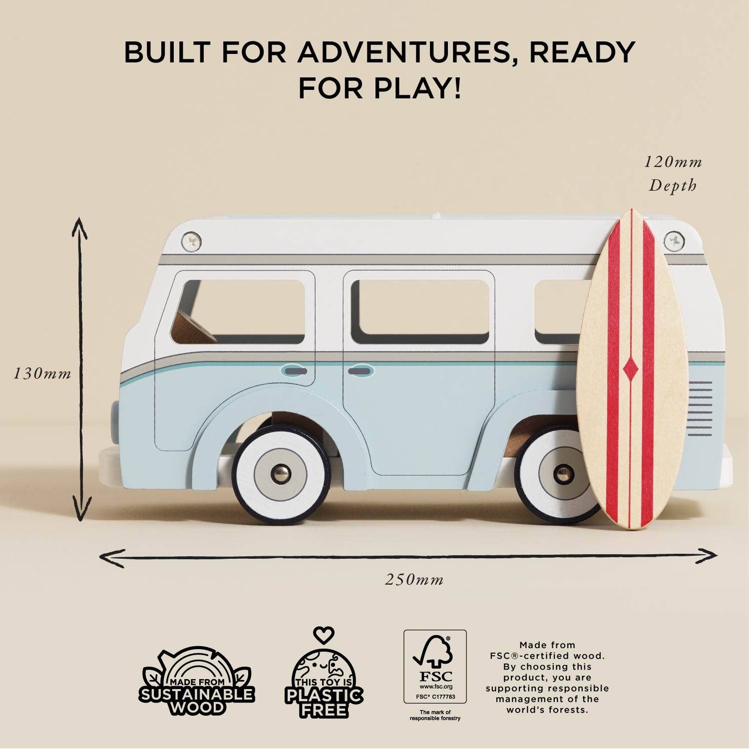 Toy van with surfboard, dimensions, and sustainability certifications on a beige background