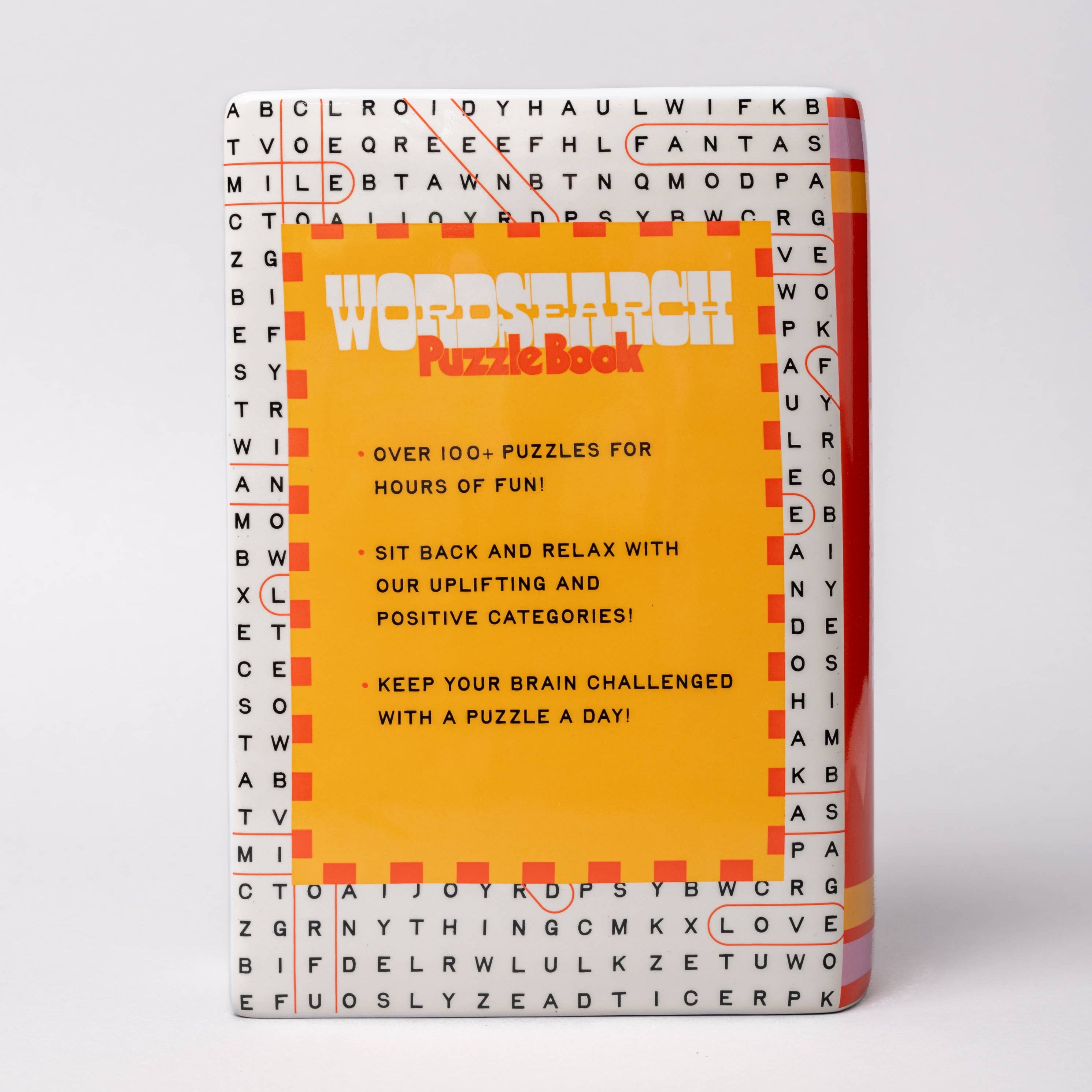 Puzzle book vase with a colorful cover on a white background