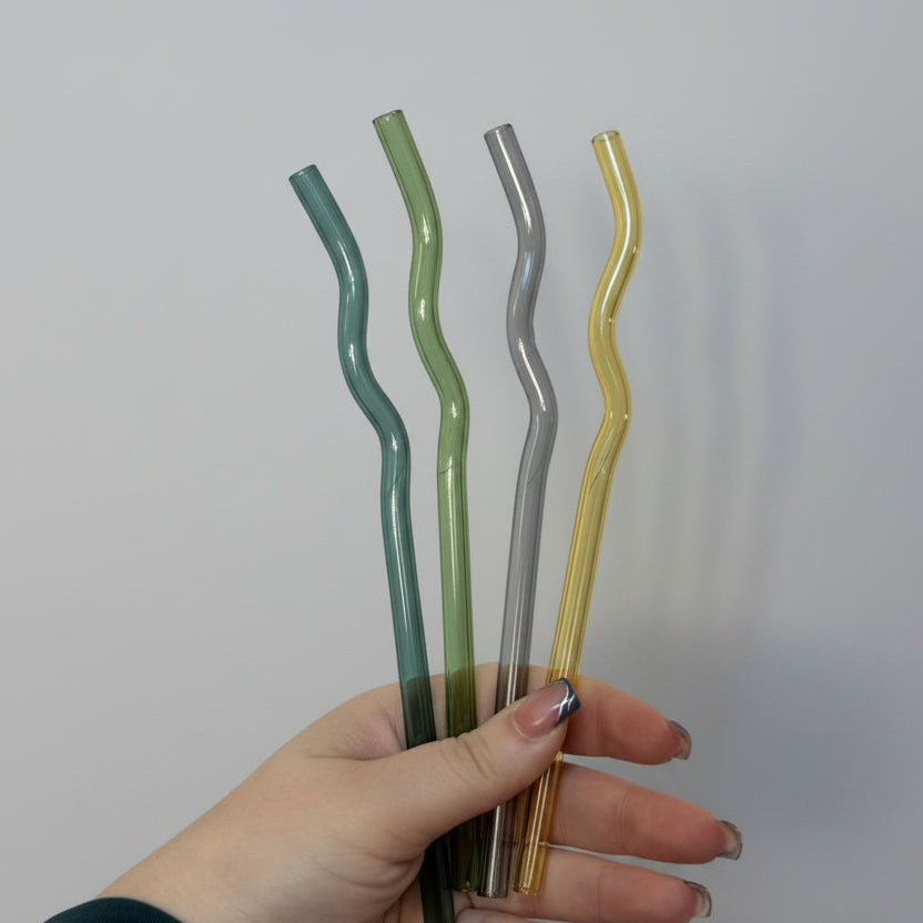 4 wavy straws in blue, green, grey, and yellow. 8 inches long.