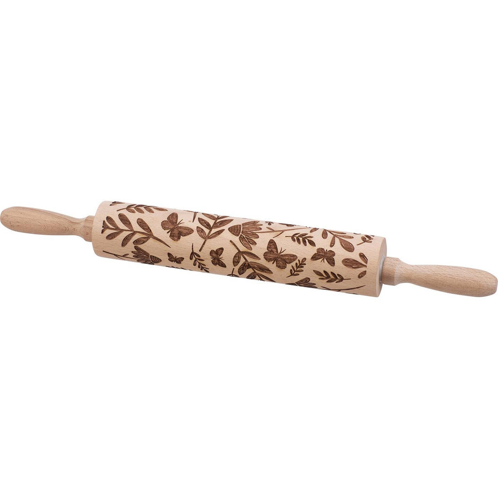Wooden rolling pin from the Cottagecore Collection with debossed details along the roller that leave fun imprints in dough. This Butterfly embossed rolling pin features natural beech wood debossed with a design of butterflies mixed with a variety of florals. Hand-wash recommended.