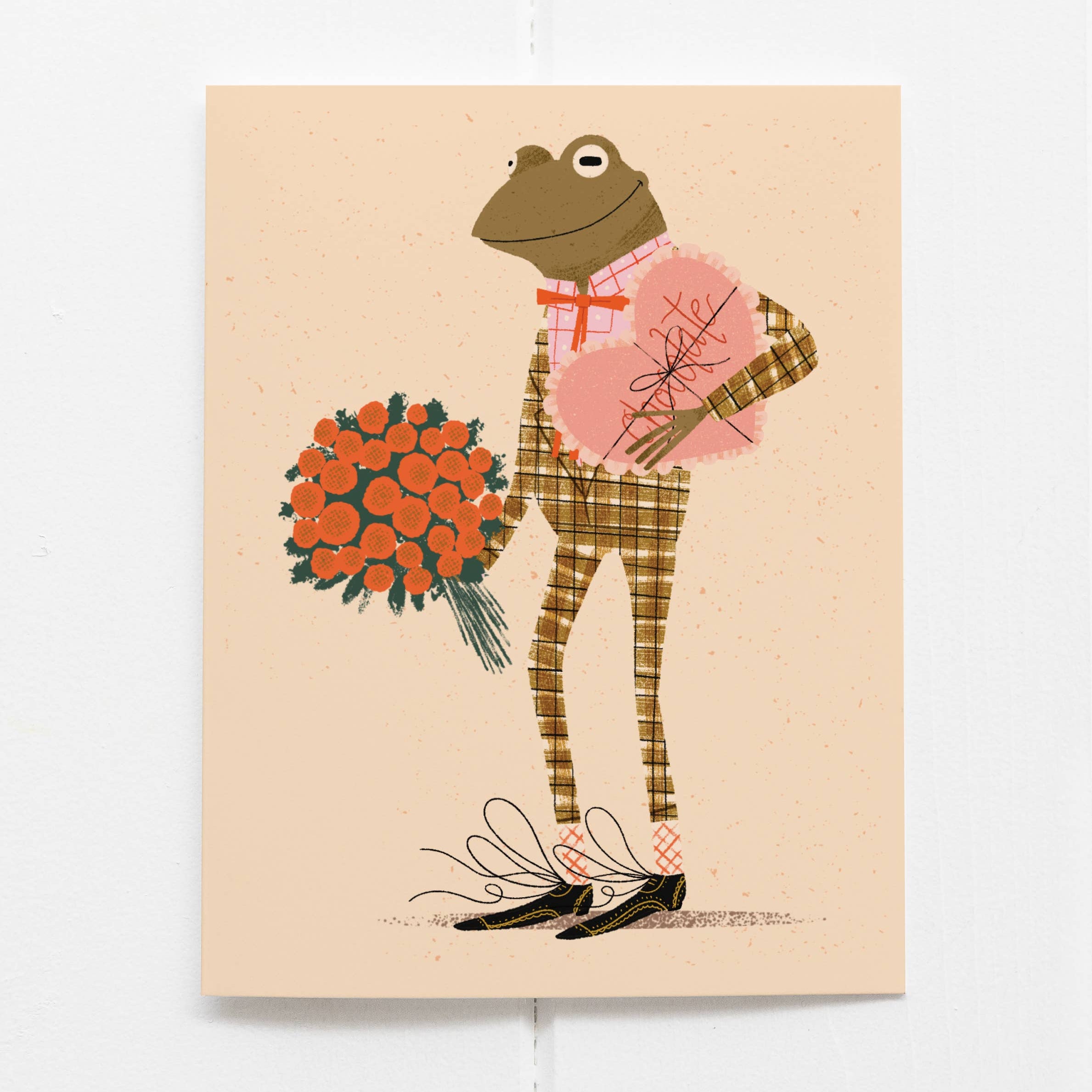 Illustration of a frog in a suit holding flowers and a heart-shaped gift on a beige background