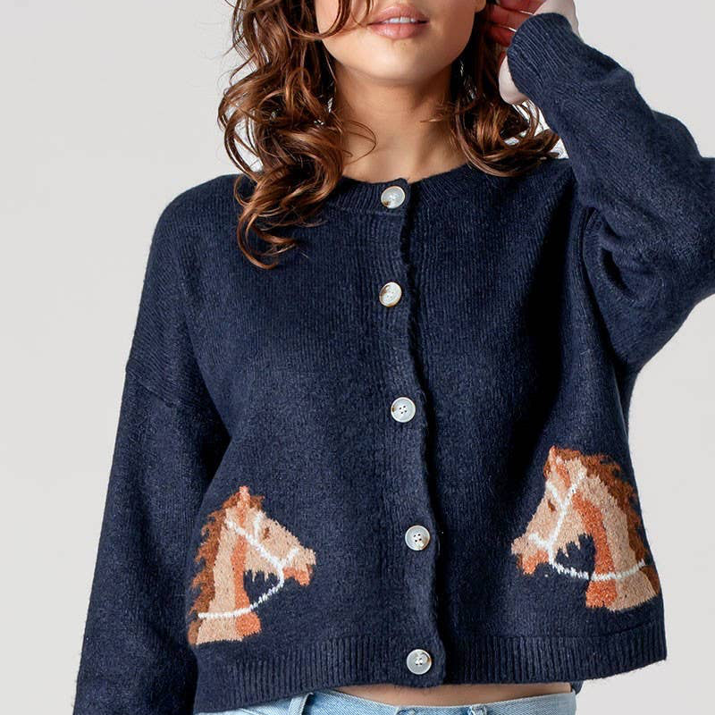 Western Horse Button Cropped Cardigan Sweater - Navy