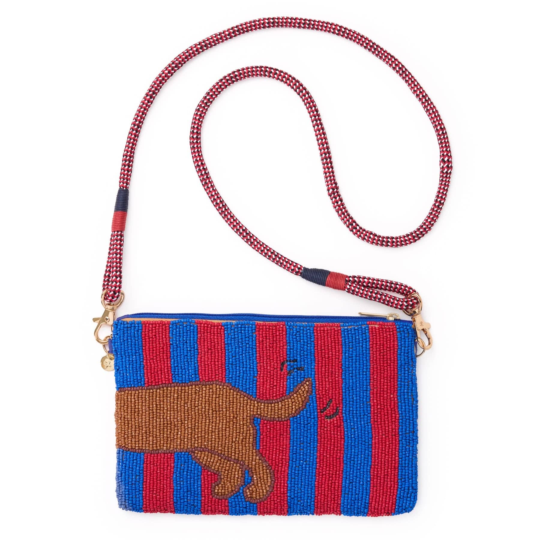 Leila Striped Dachshund Seed Bead Clutch With Strap