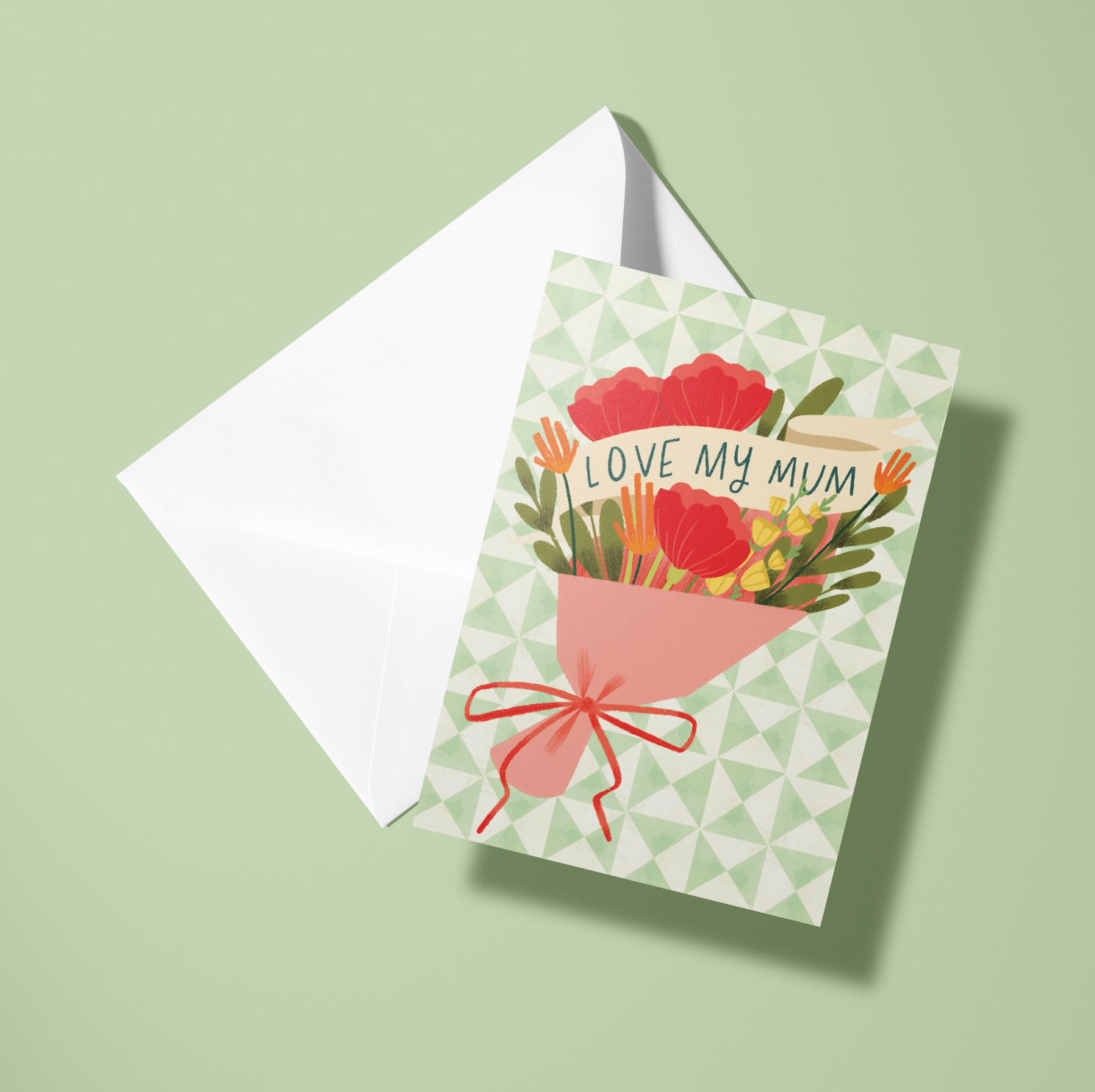 Greeting card with floral design and 'Love my Mum' text on a green background