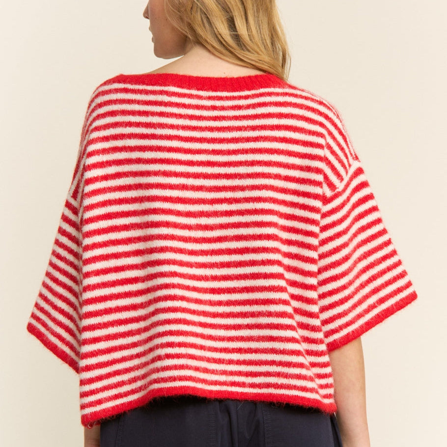 Red and white striped oversized short sleeve boxy silhouette cardigan.